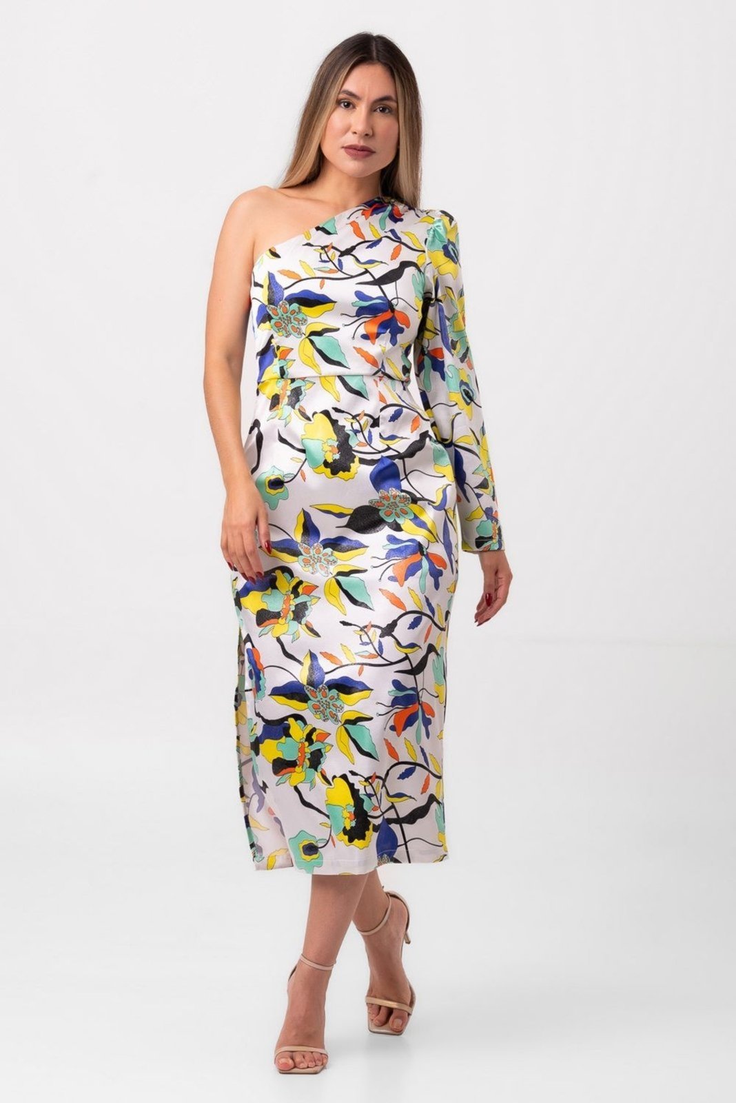 Vestido midi manga única sensuale amarelo labrava