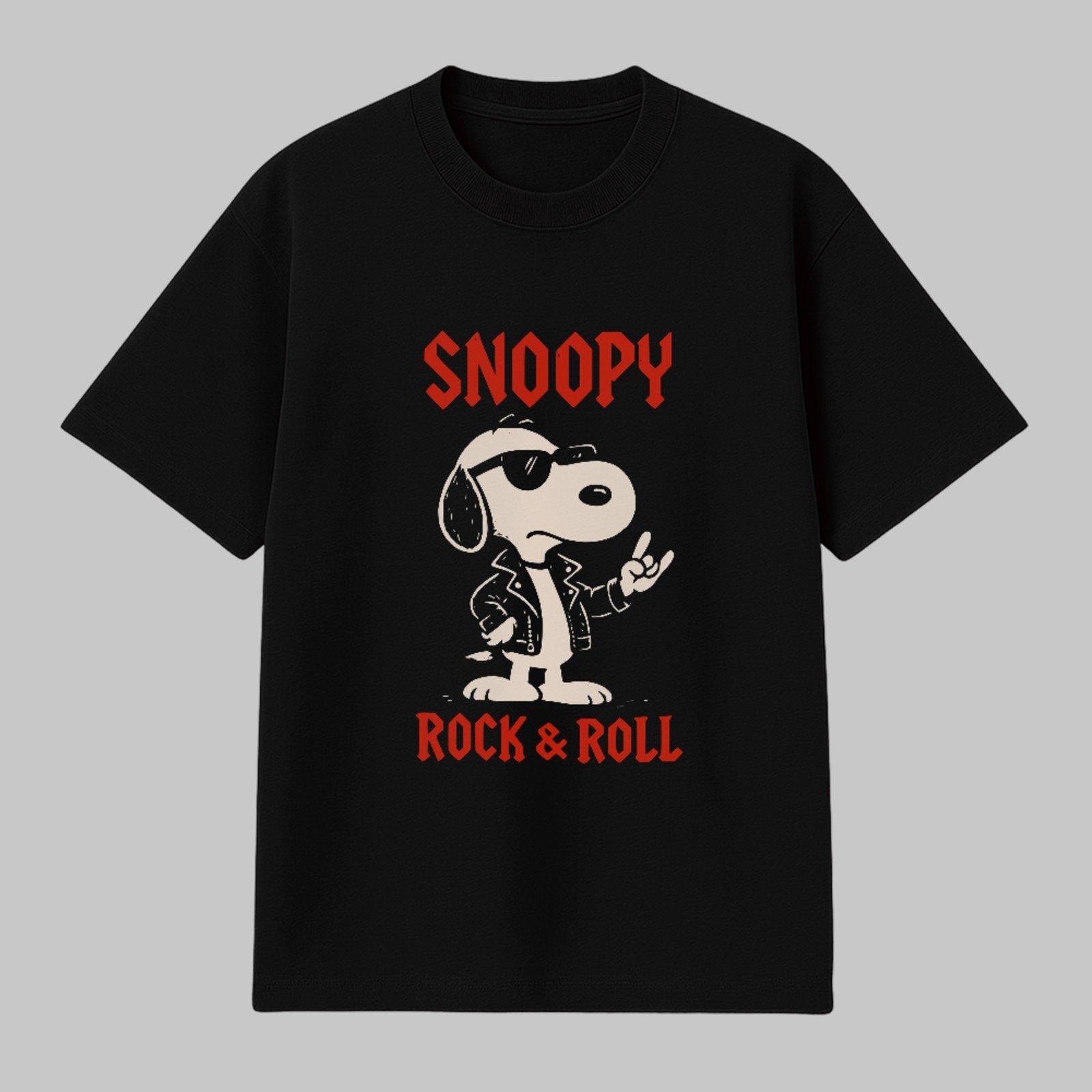 Camiseta Básica Rock N Roll Retrô Snoopy Unissex Preto