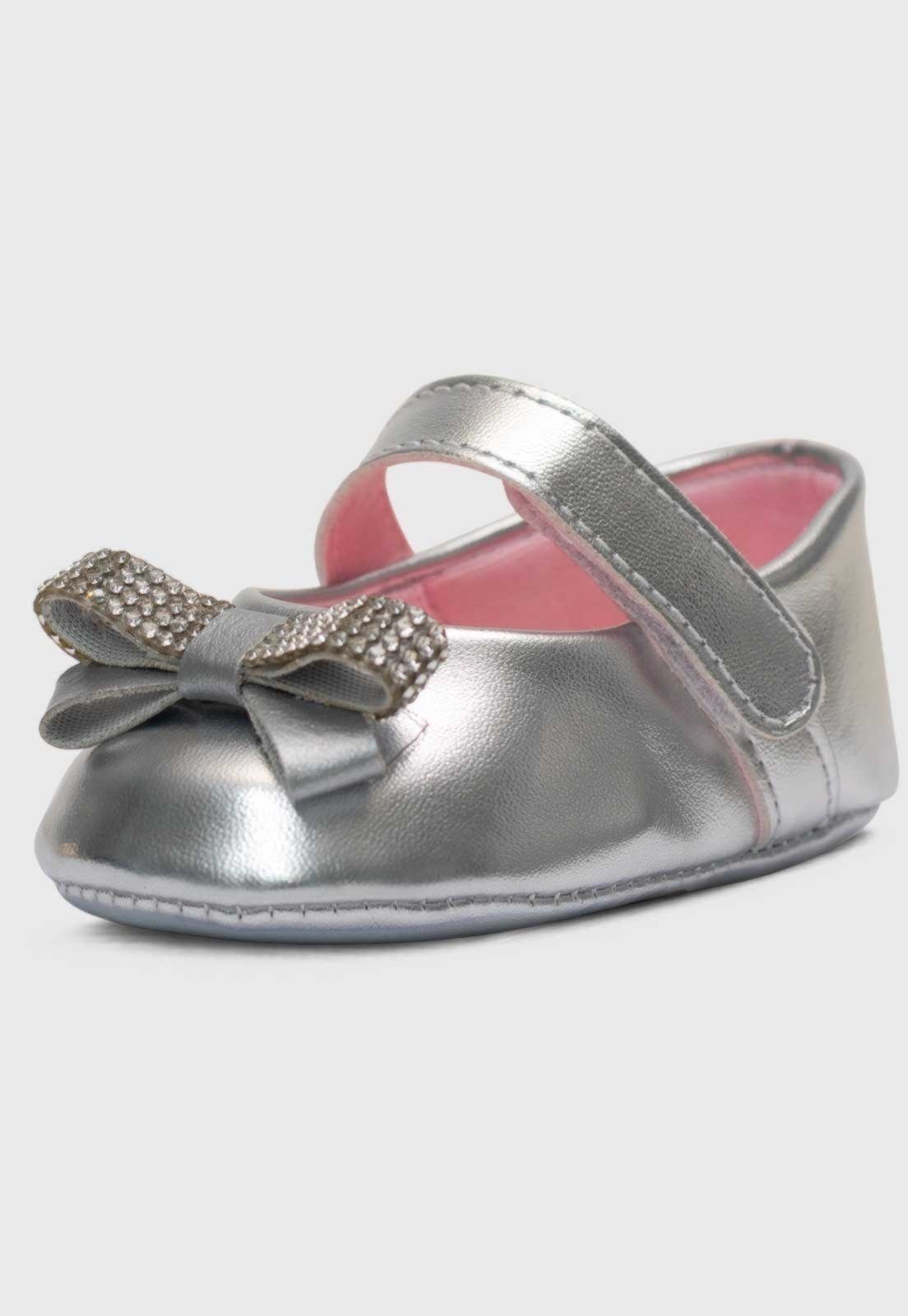 Vista 2 Infantil - Sapatinho Pópidi Menina Sapatilha Laço Strass prata Pópidí prata