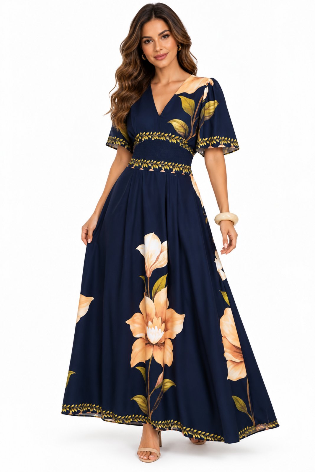 Vestido Longo D Bell Outlet Fashion Estampa Floral Decote V Azul Marinho
