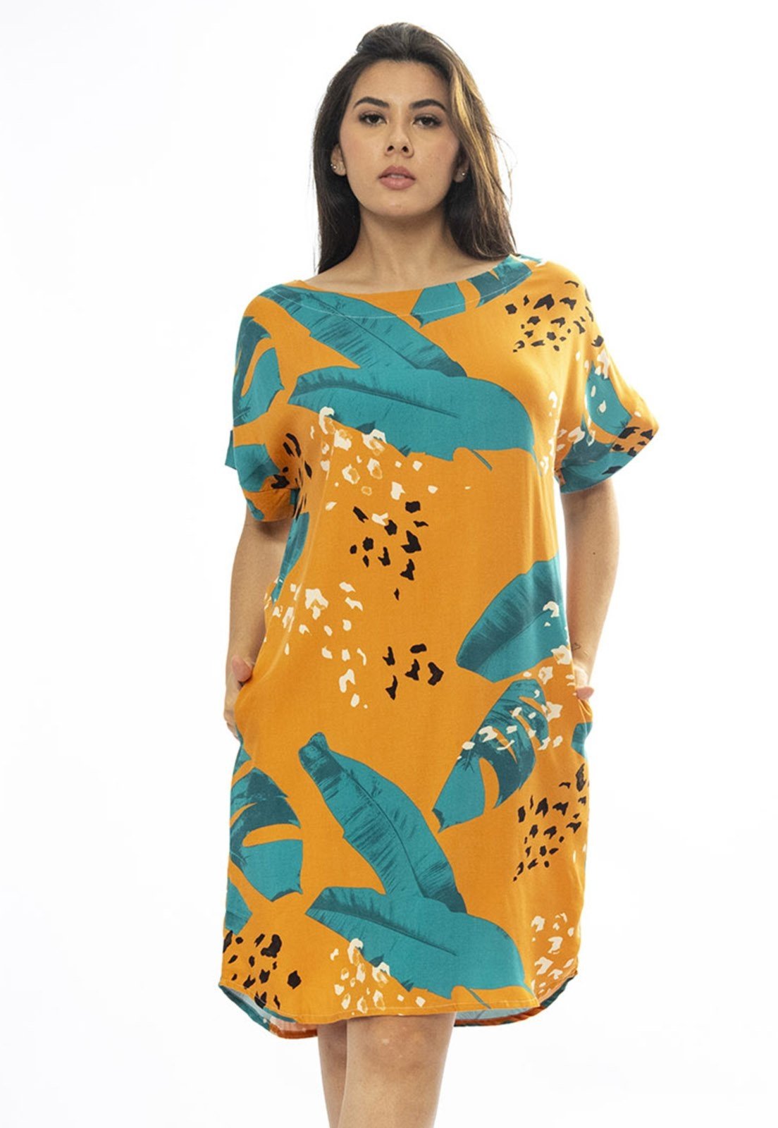 Vestido Curto Cabanafree Viscose com Bolso Estampa Aurora Botânica