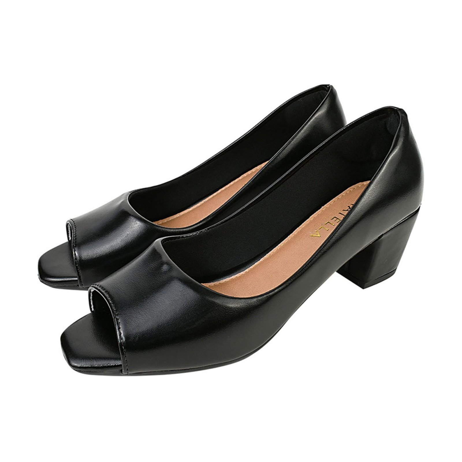 Sapato Scarpin Peep Toe Donatella Shoes Bico Quadrado Confort Aberto Liso Preto