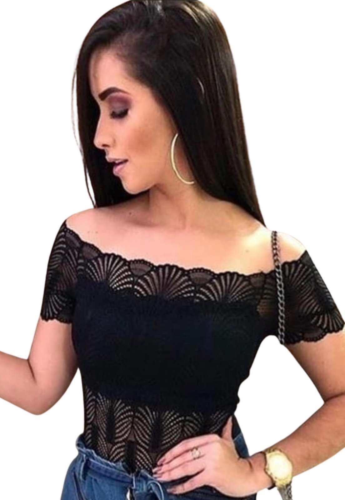 Body Summer Body Lingerie Renda Ombro a Ombro Ciganinha Preto