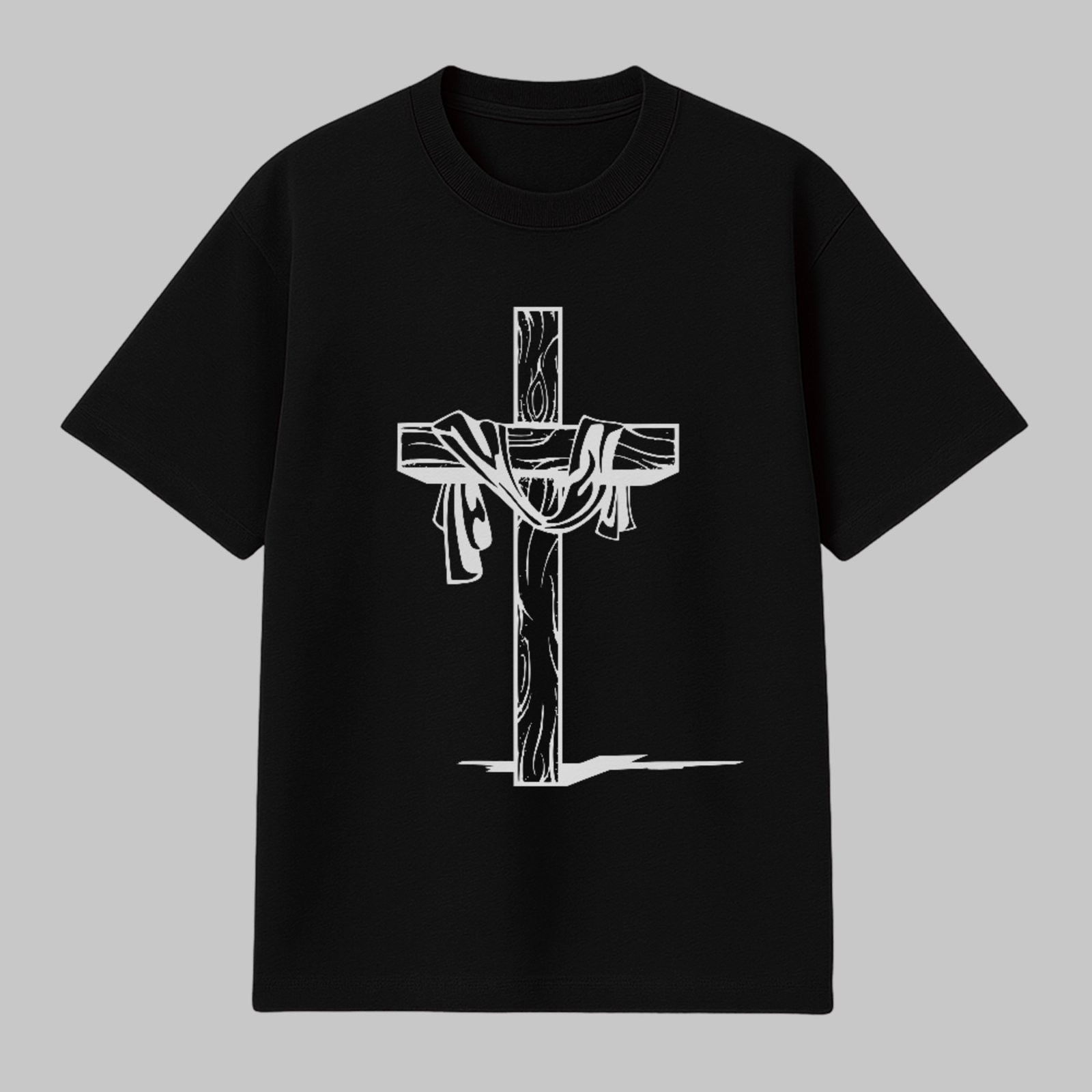 Camiseta Básica Cruz Com Manto Estilo Fé Cristã Minimalista Preto
