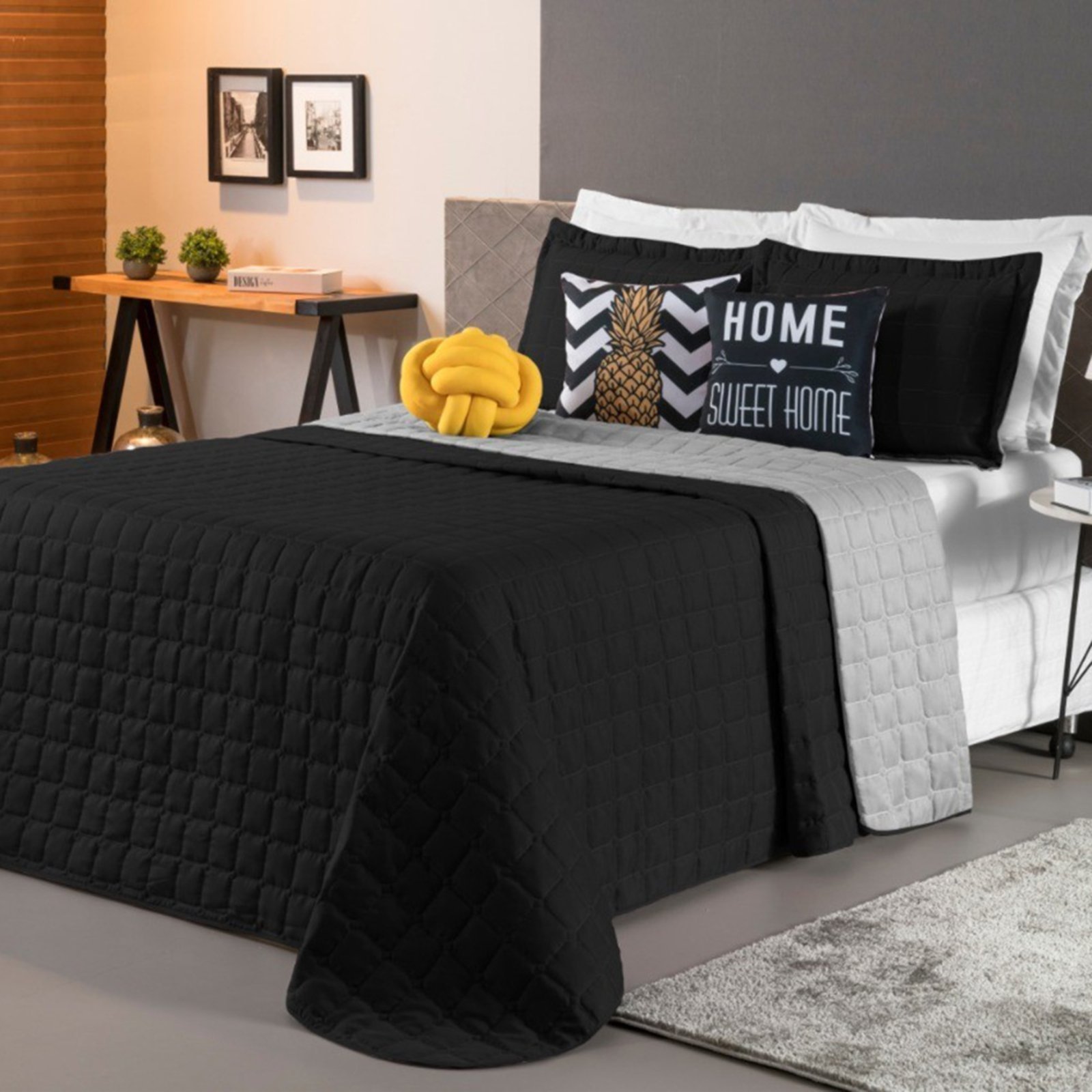 Kit Cobre Leito Sonho Queen 08 Peças Barato - Preto - Cinza - 100% Poliéster