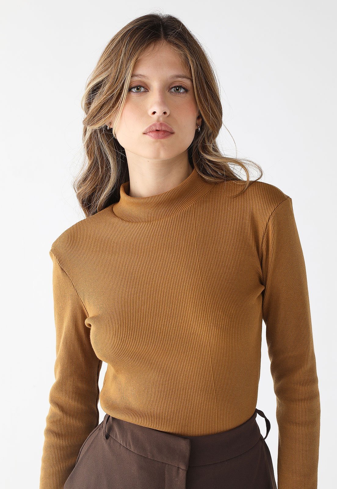 Blusa Feminina 77VS Levosch Manga Longa Ribana Algodão Premium Mostarda