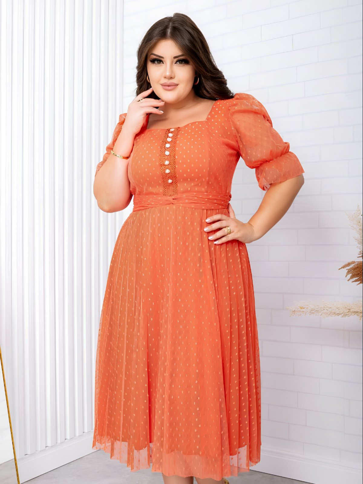 Vestido Midi de Festa Tule Poa Manga Princesa Bufante Modesto Casamento Civil Madrinha Laranja