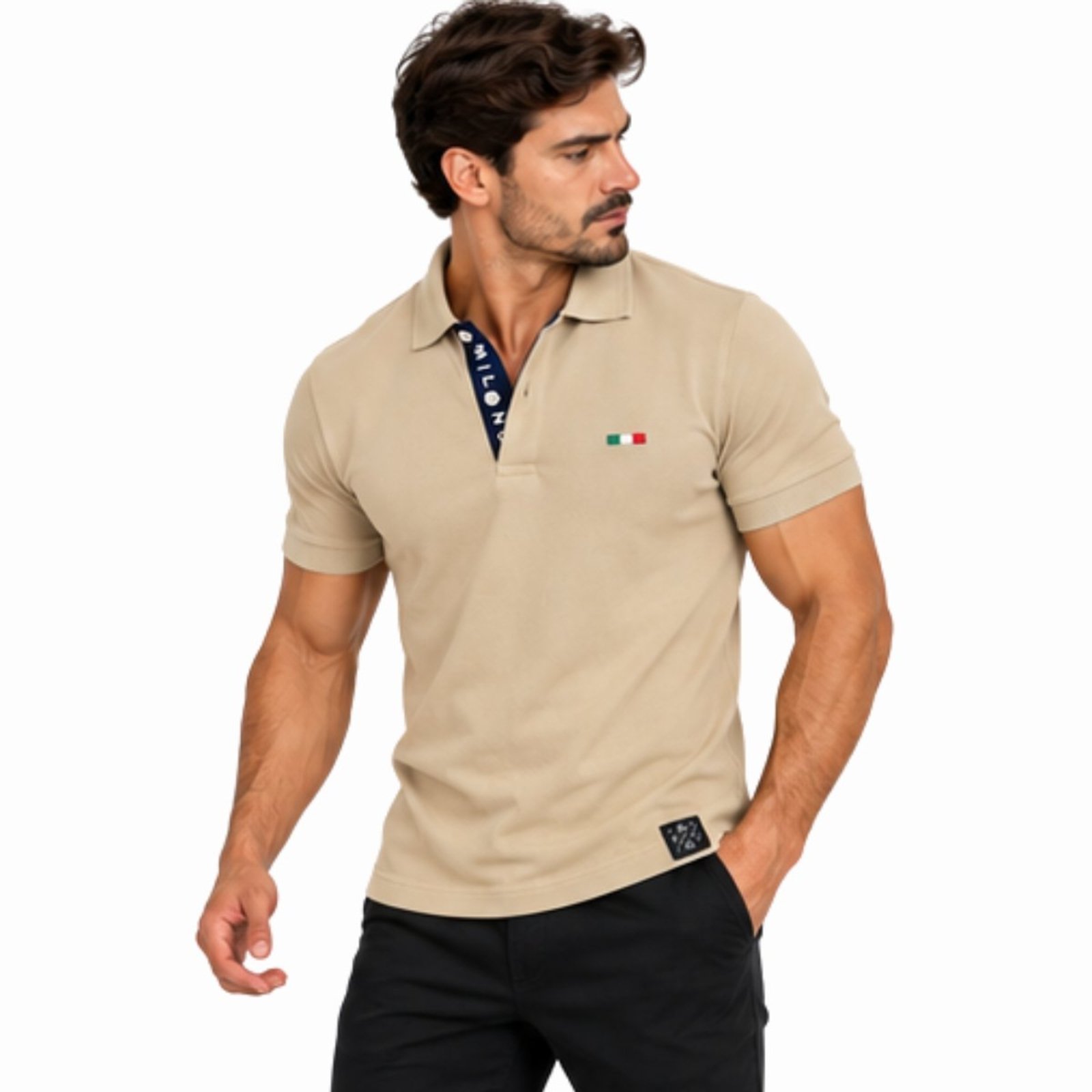 Camisa Polo Masculina FMF Bordado Itália Casual Premium Bege