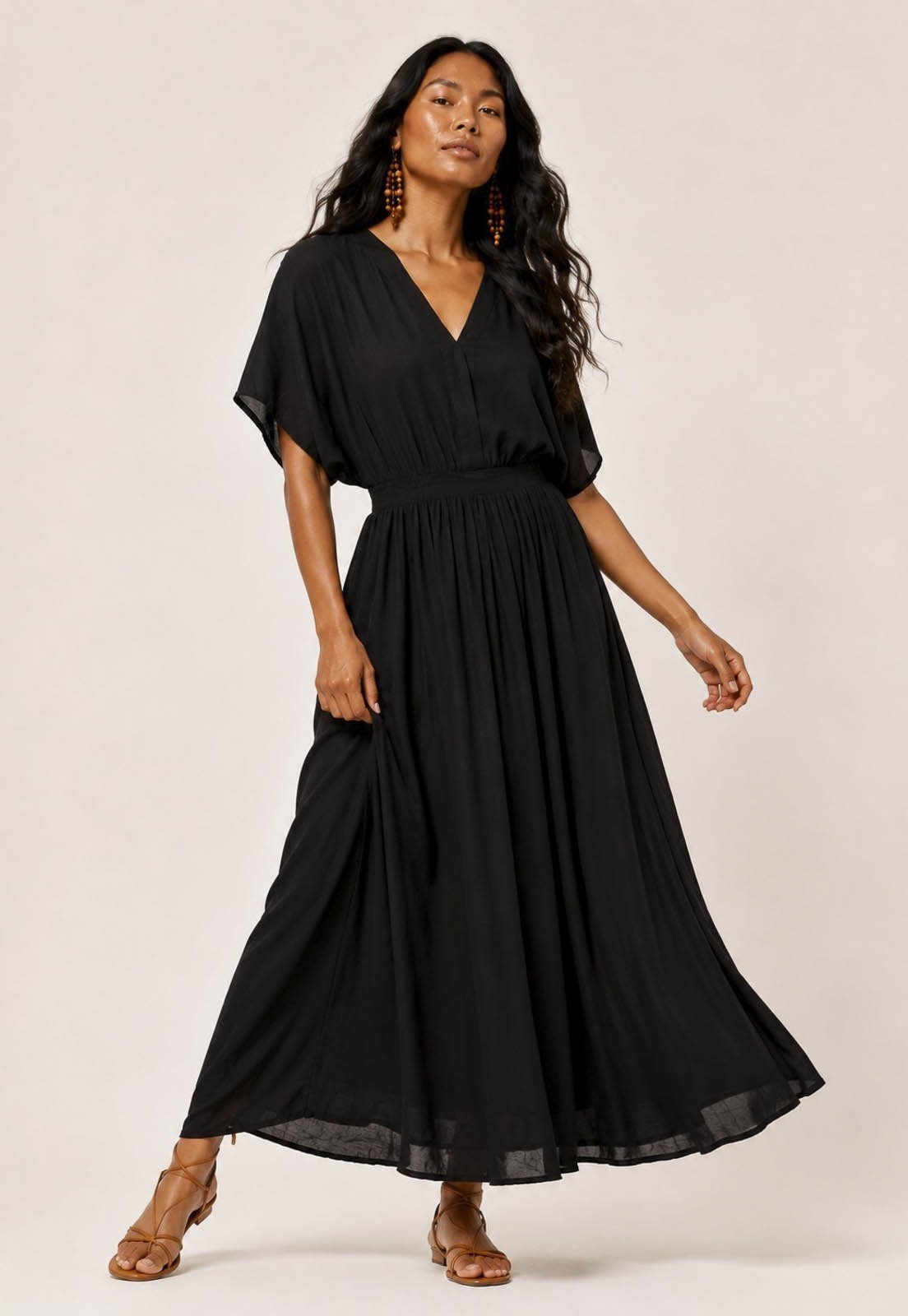 Vestido Midi Amazonia Vital Viscose Morcego Parati com Elástico Preto