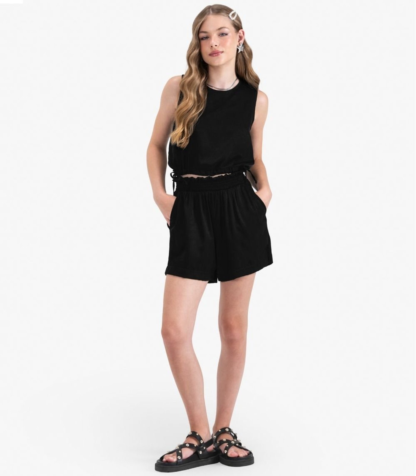 Vista 2 Infantil - Regata Juvenil Feminina em Slub Acetinado Minty preto MINTY preto