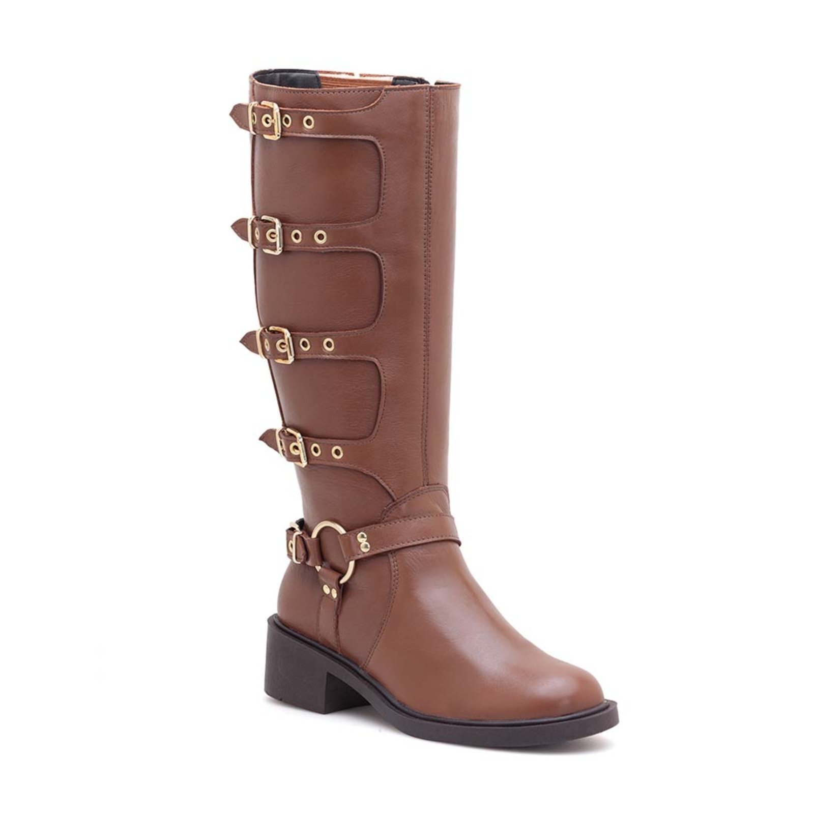 Bota Couro Via Miss Cano Longo Fivelas Caramelo