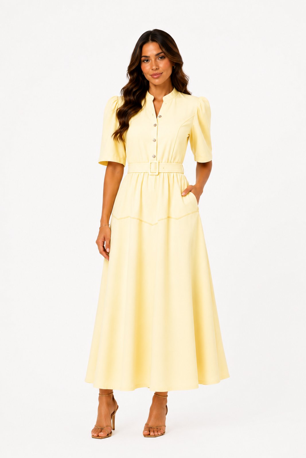 Vestido Midi D Bell Outlet Fashion Com Botões Amarelo Manteiga