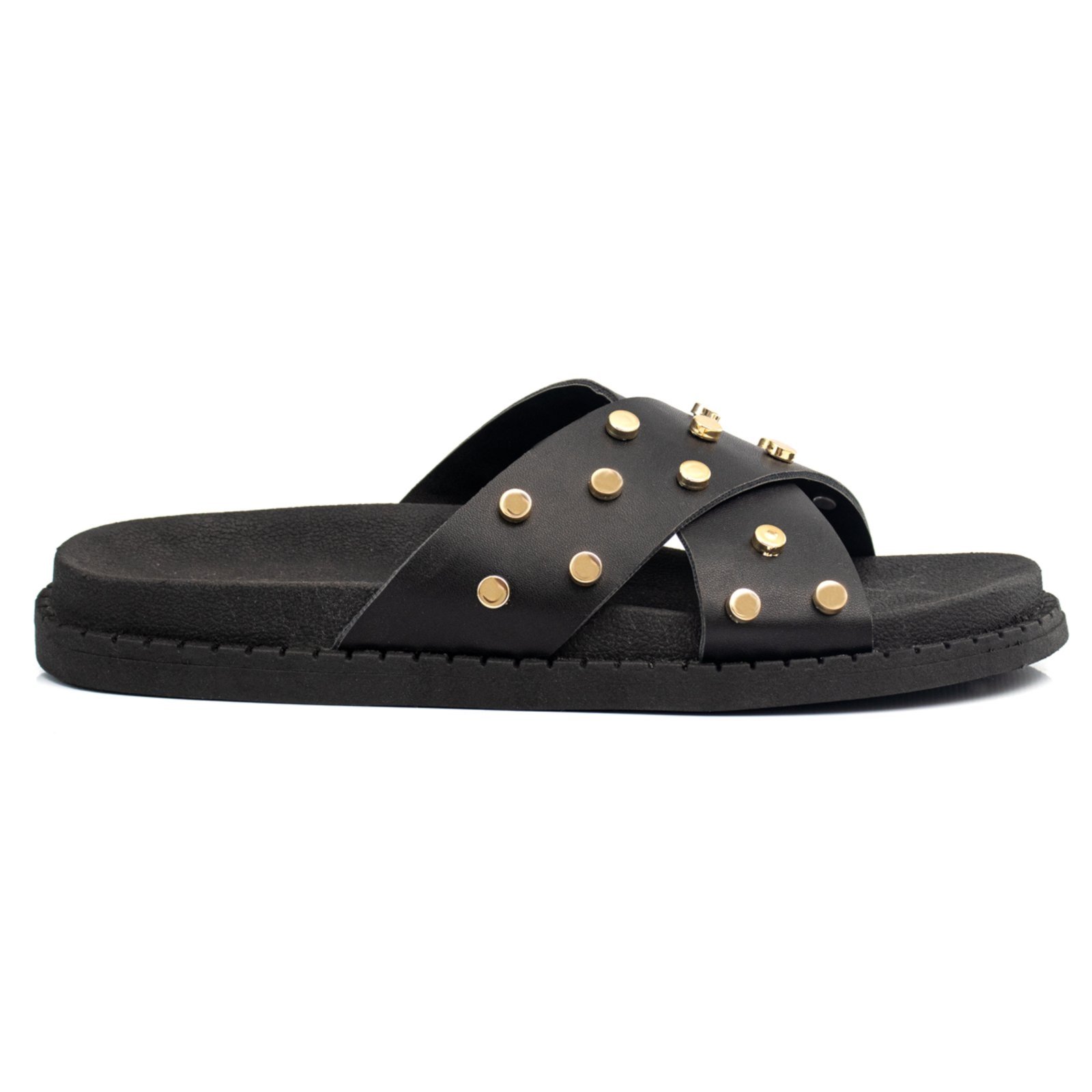 Sandália Papete Flatform Rasteirinha Enfeite Metal Brilho Metalizado Preto