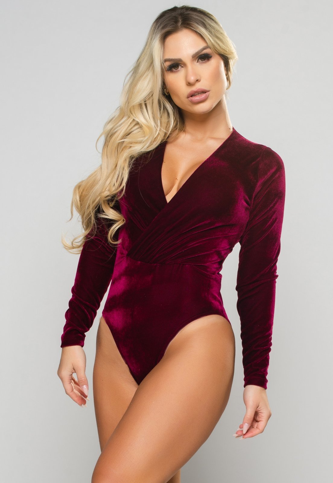 Body MVB Modas Manga Longa Transpassado Veludo Vinho