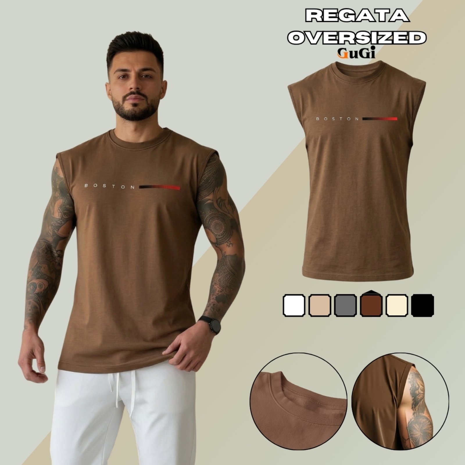 Regata Machão Masculina 100% Algodão Estampa Boston Muscle Fit Marrom