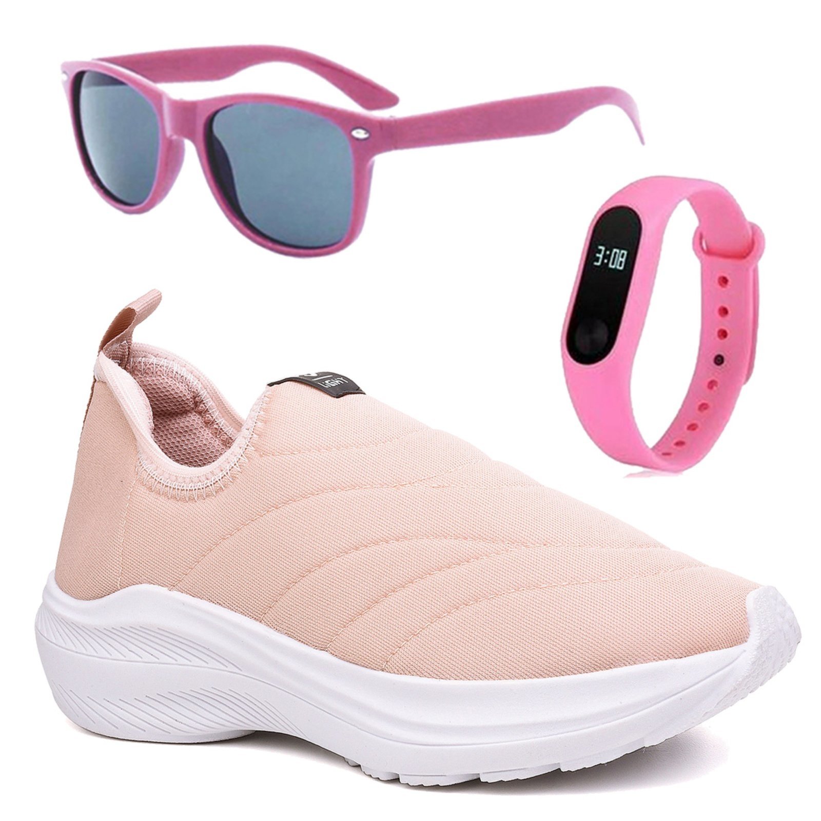 Infantil – Tenis Menina Calce Facil Rosa Nude e Óculos e Relógio
