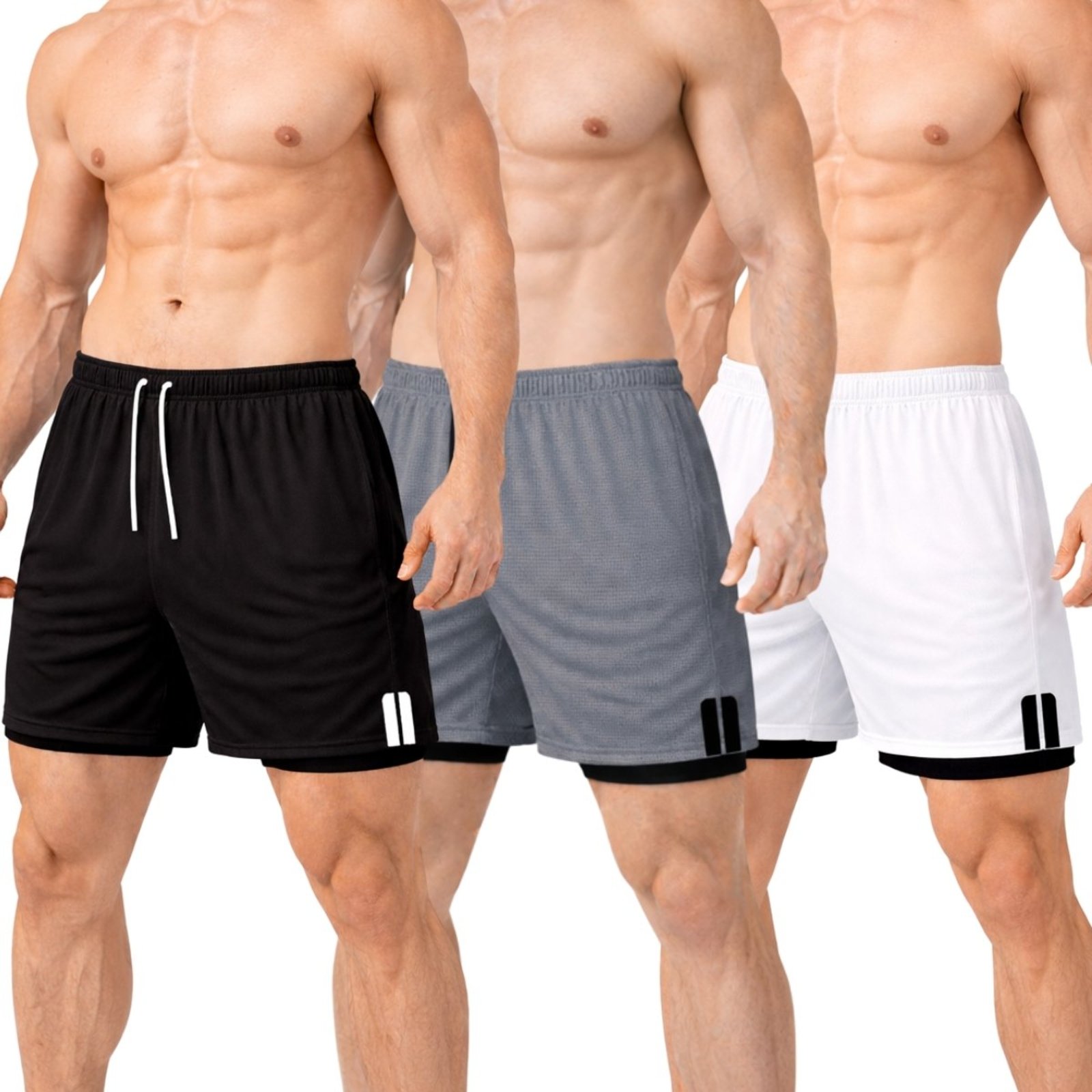 Kit 3 Short Treino Dry Fit Térmico 2 em 1 com Bolso para Celular e Porta-Toalha Calção Fitness Academia