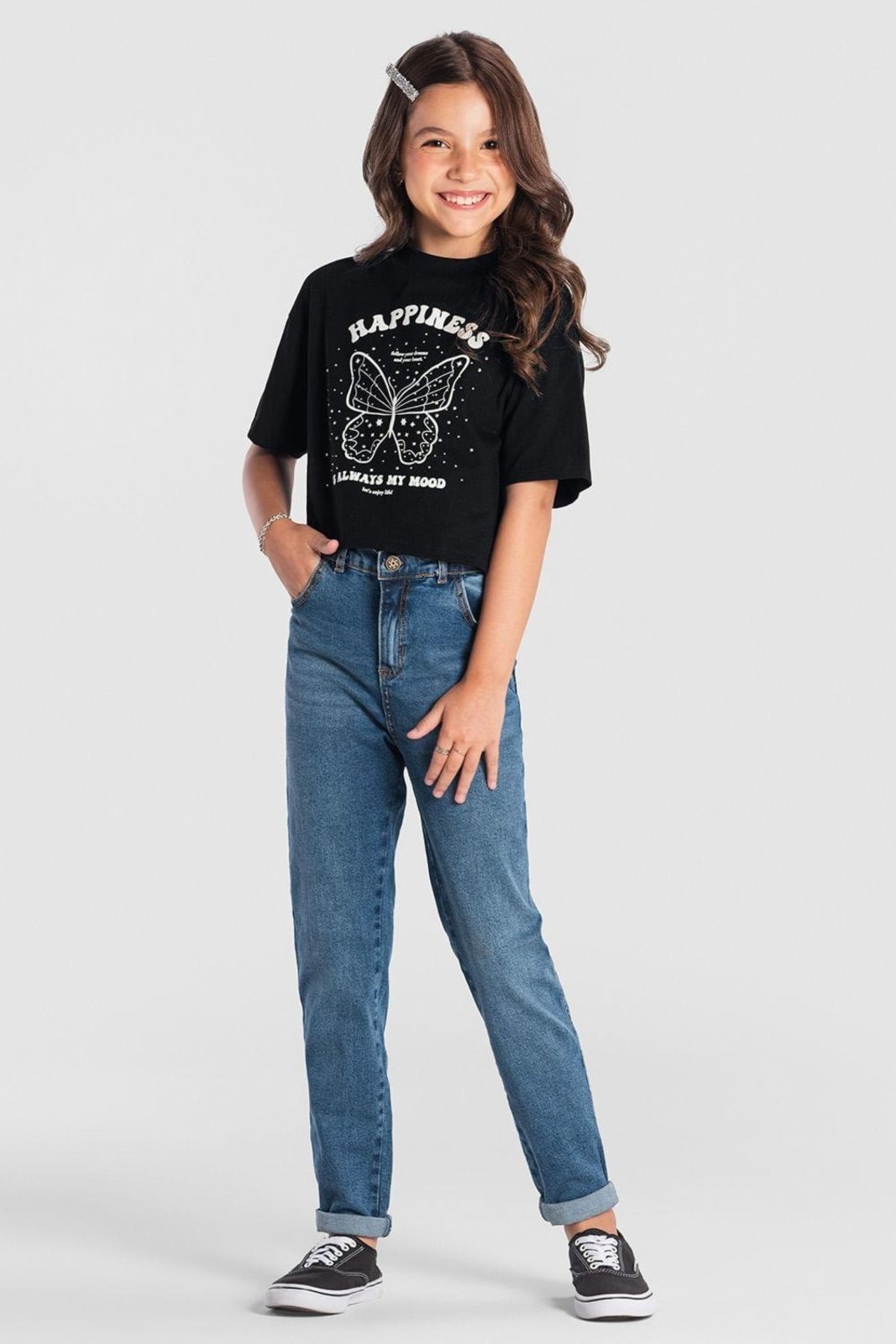 Vista 2 Infantil - Blusa cropped menina de borboleta Brandili Young preto Brandili preto