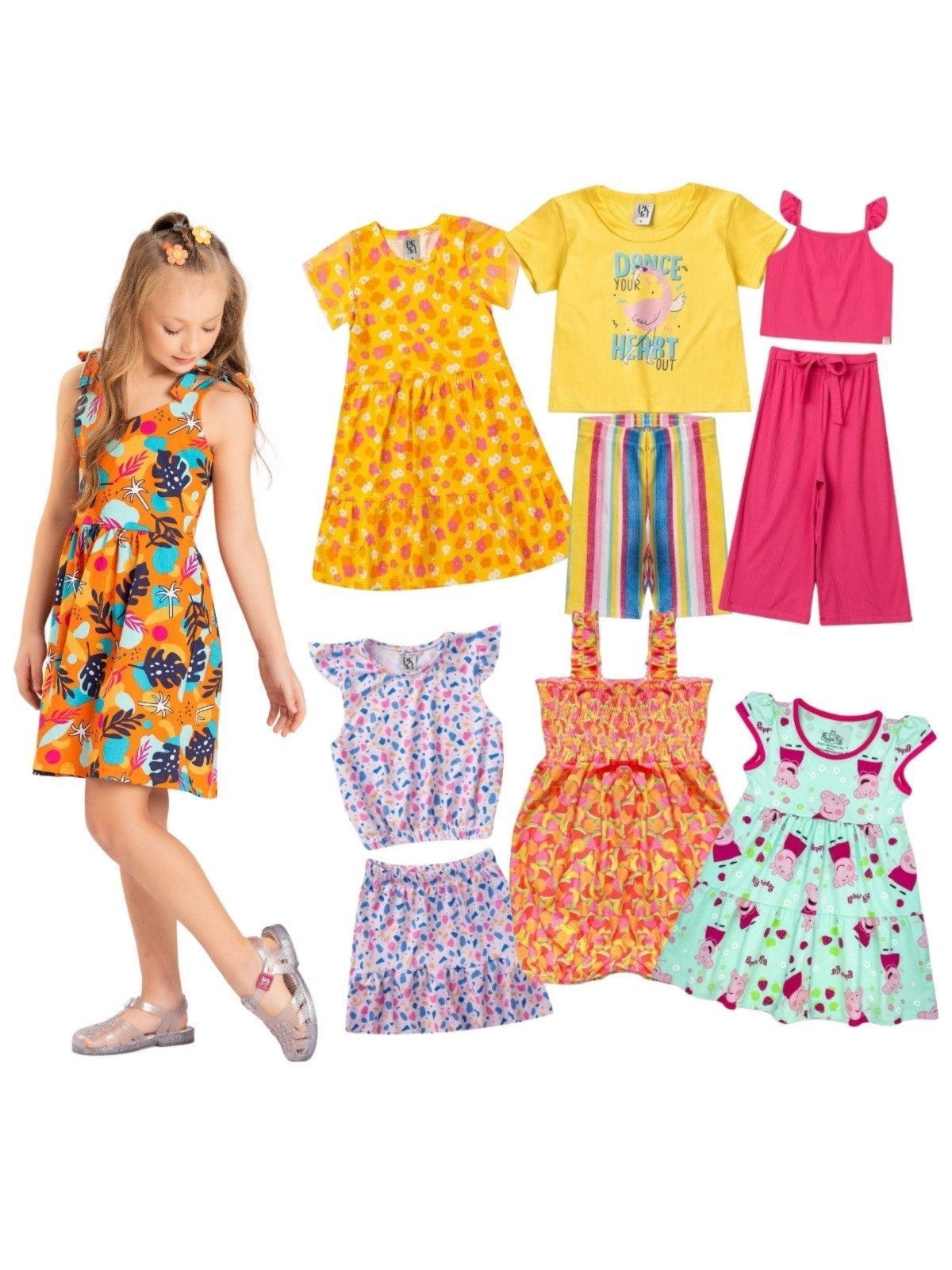 Infantil – Kit Sortido Platinum 12 Peças de Roupas Infantis Feminino Verão – 6 Camisetas + 6 Bermudas Multicolorido