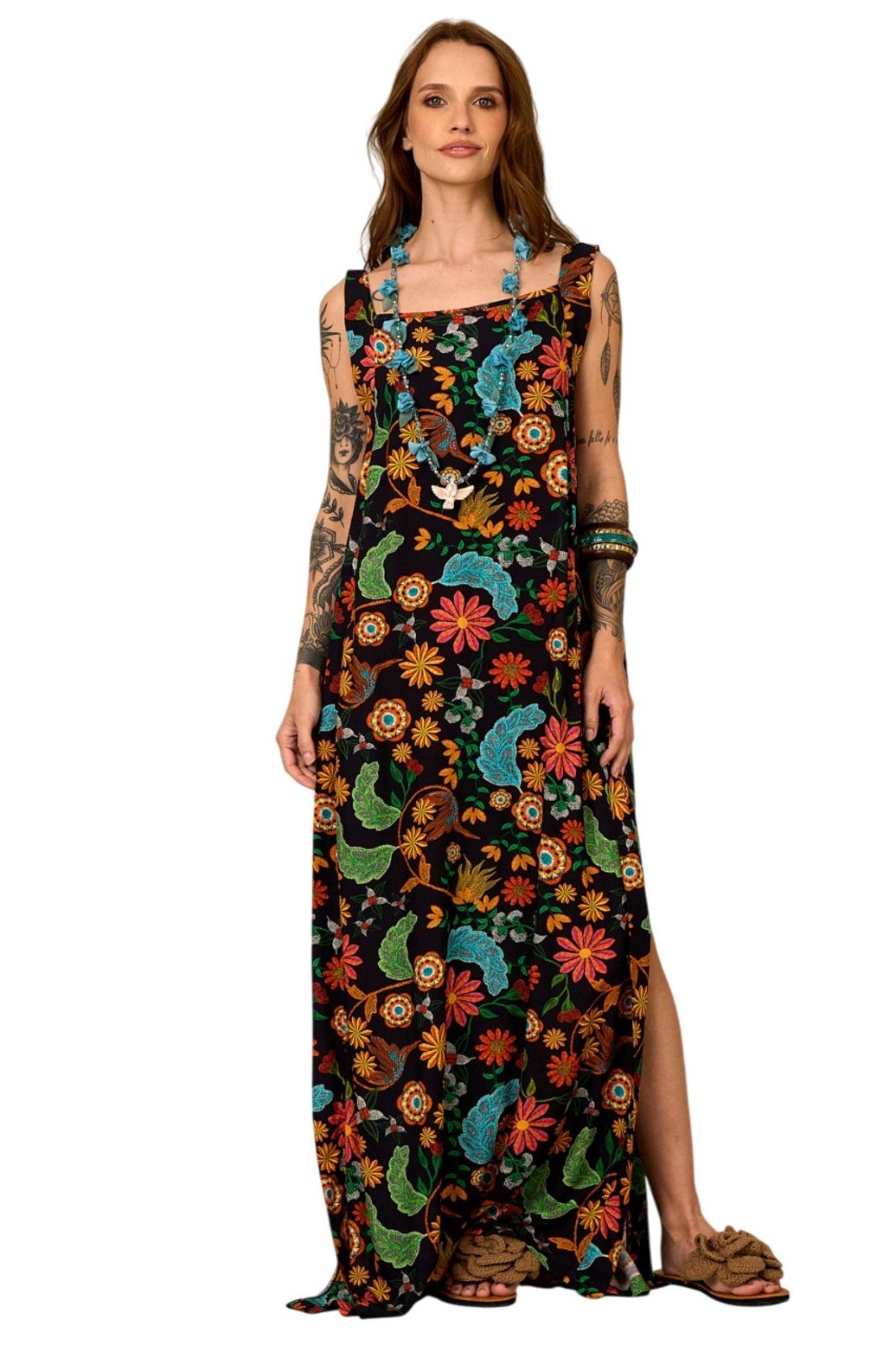 Vestido Longo De Alças Largas Preto Estampado Yacamim E22 – Estampado