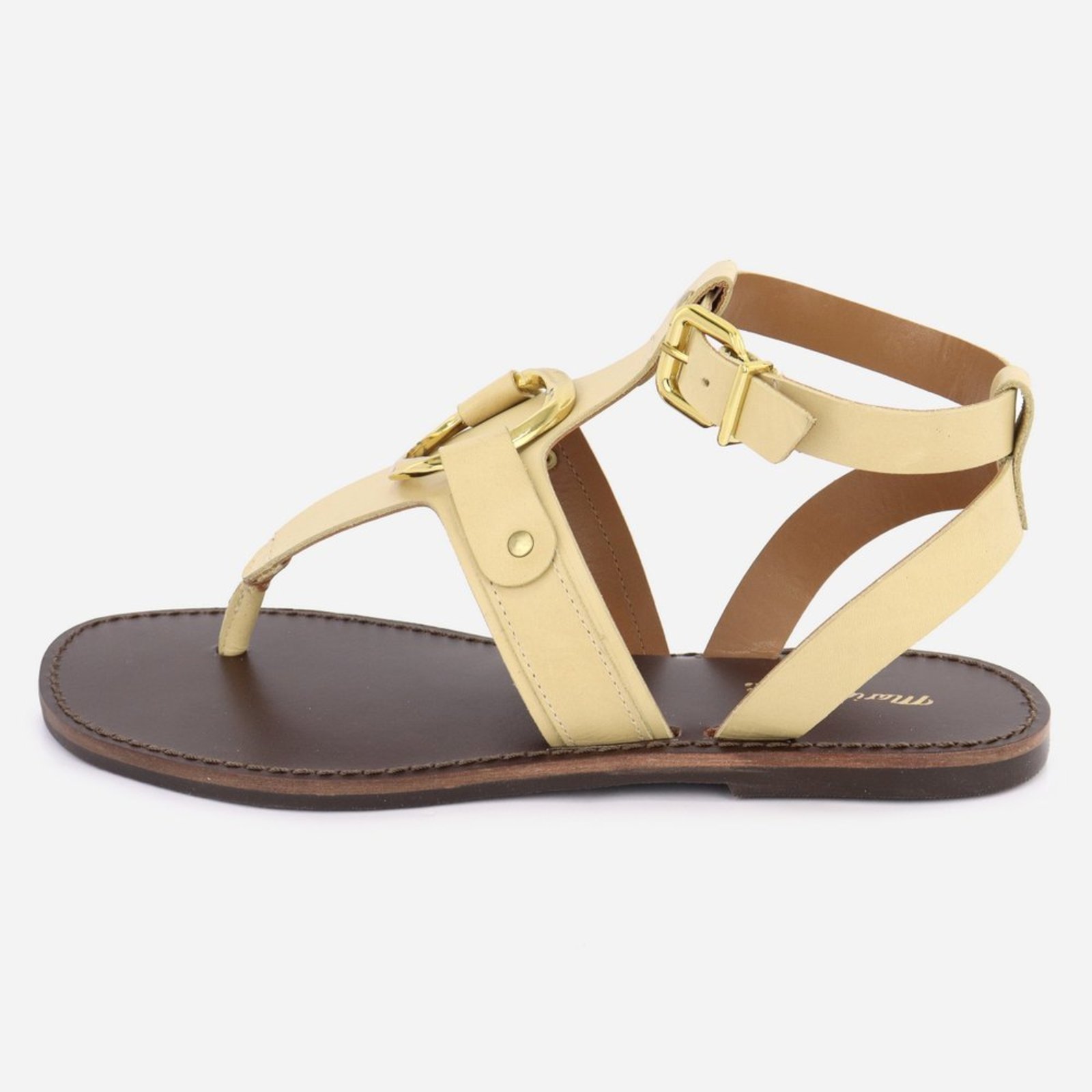Sandália Feminina Em Couro Rasteira Confortável Casual Tiras com Fivelas e Argolas Maria Paula Store Vanilla