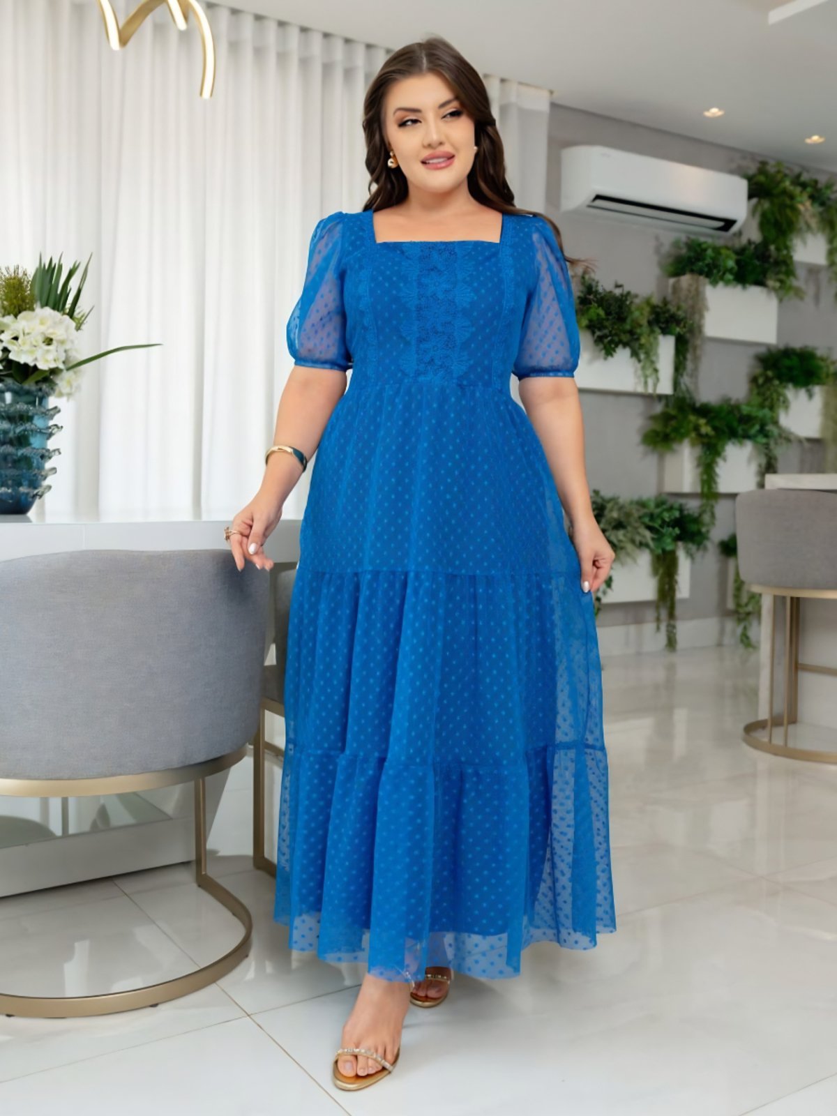 Vestido Longo Social Feminino com Manga Transparente e Lastex nas Costas Festa Convidada Azul