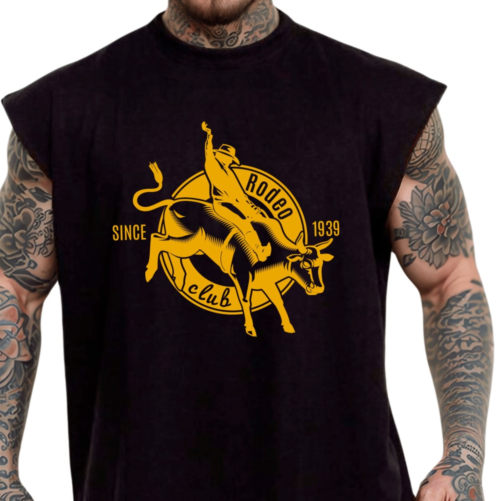 Camiseta Regata Machão Country Rodeo Club Since 1939 Visual Exclusivo Masculina Preto