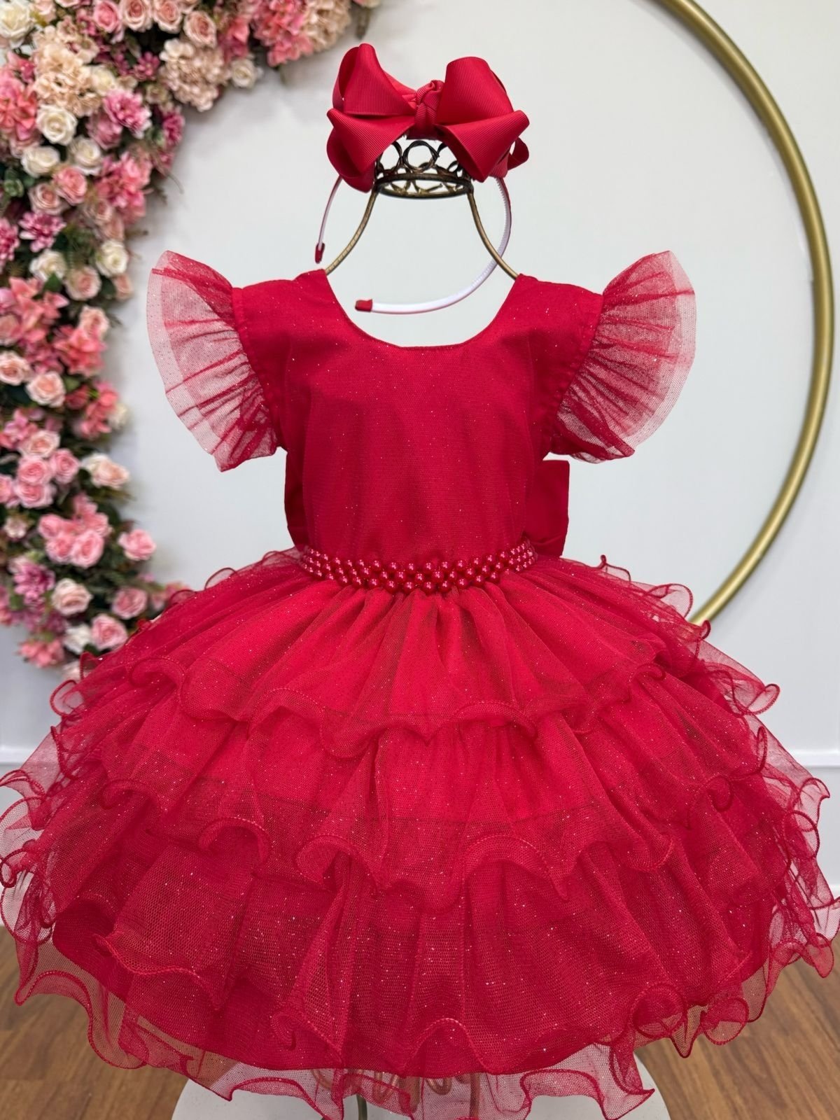 Infantil - Vestido Festa Vermelho Formatura Florista Casamento Babados Dama Daminha Social Menina Juvenil Pérolas Princesa Rodado Aniversário Luxo