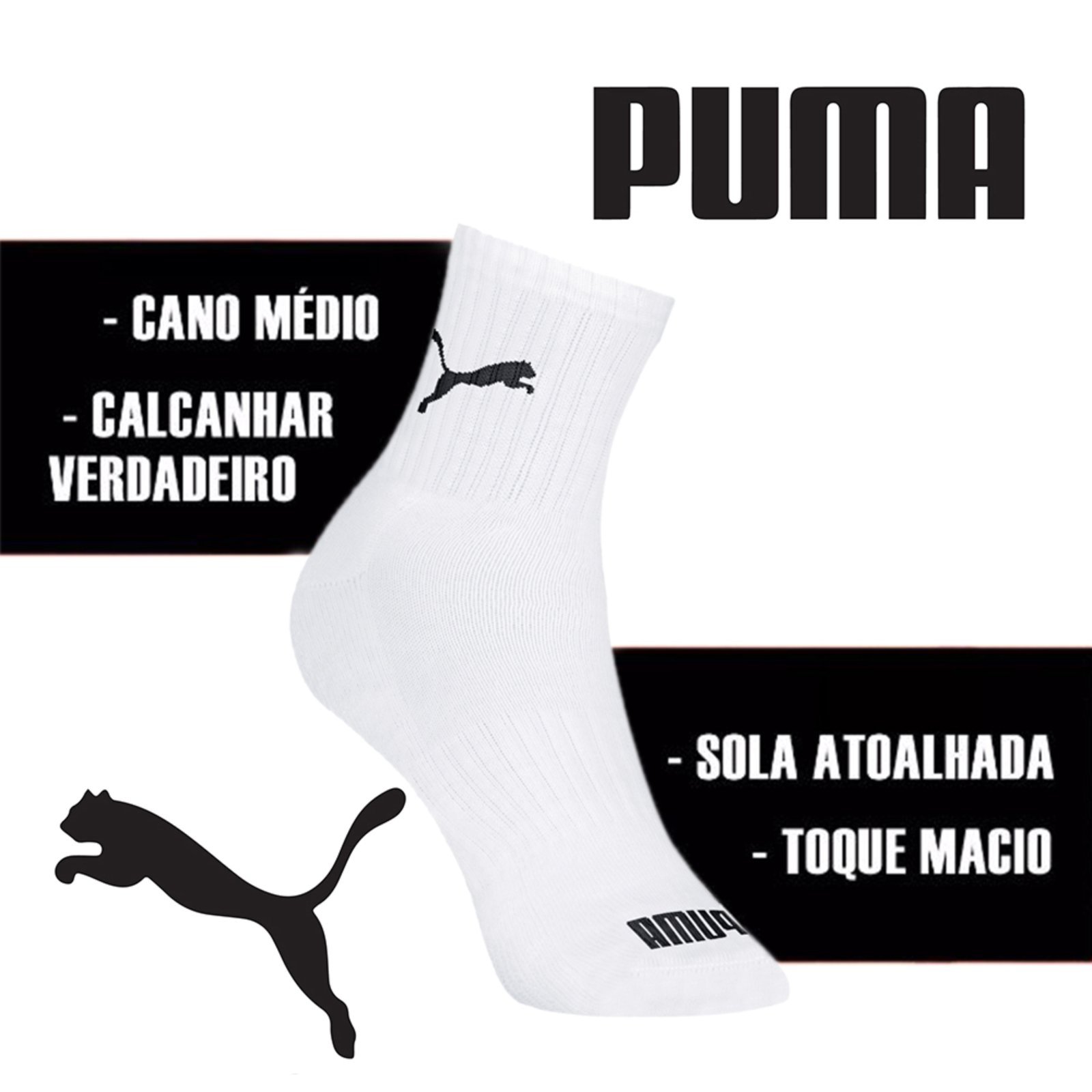 Vista 3 Kit 9 Pares Meias Puma Cano Médio Algodão Masculino Original branco Puma branco