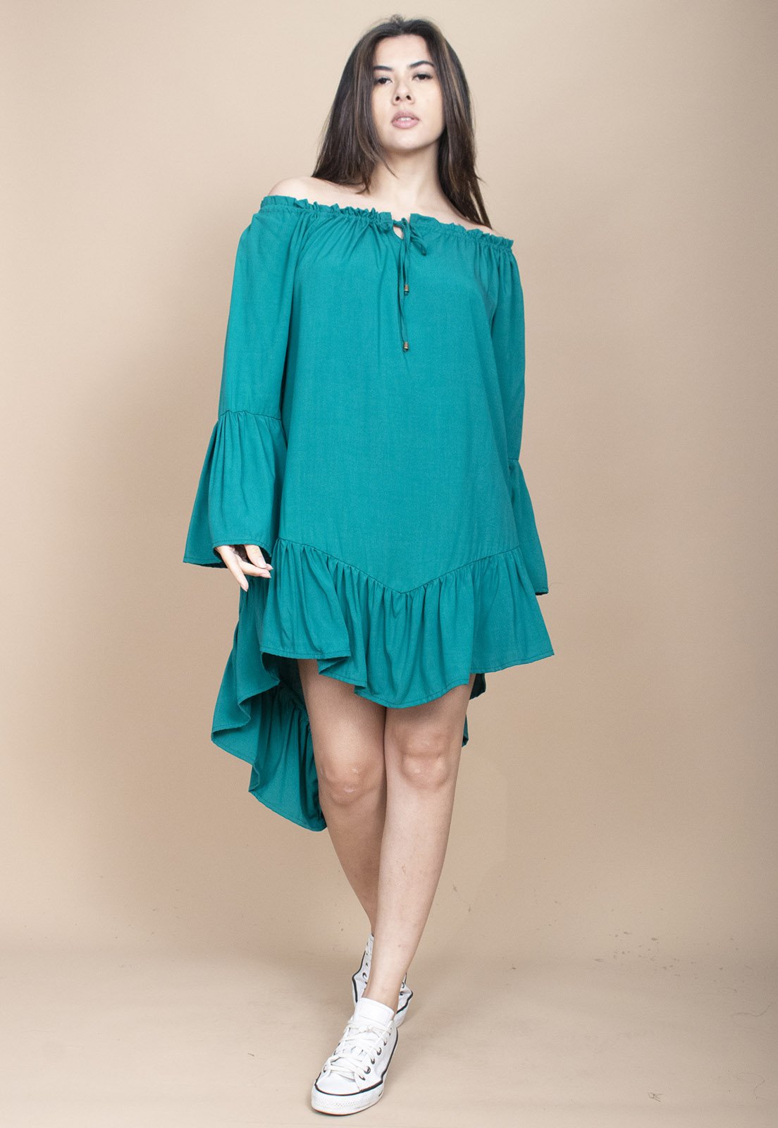 Vestido Curto Cabanafree Viscose Com Babados Verde