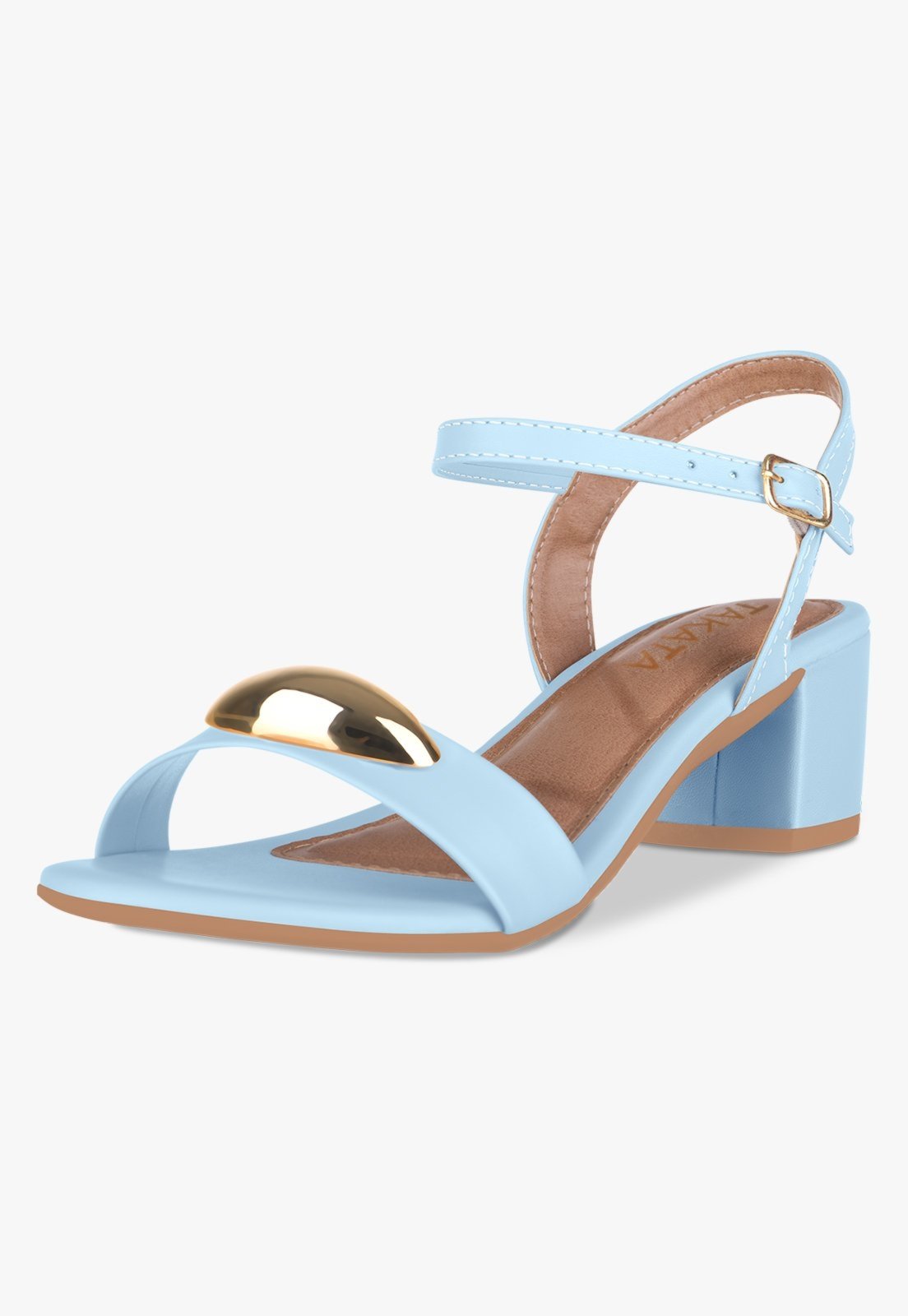 Sandália Feminina Salto Bloco Baixo Enfeite Metal Dourado Azul