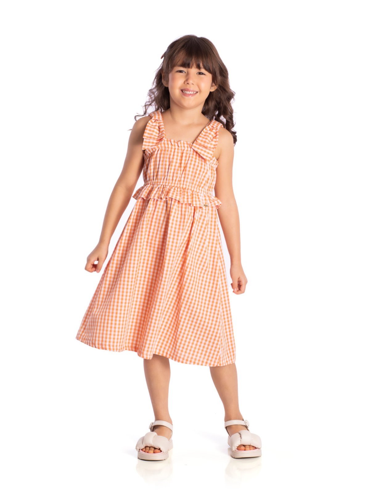 Infantil - Vestido xadrez vichy fio tinto laranja