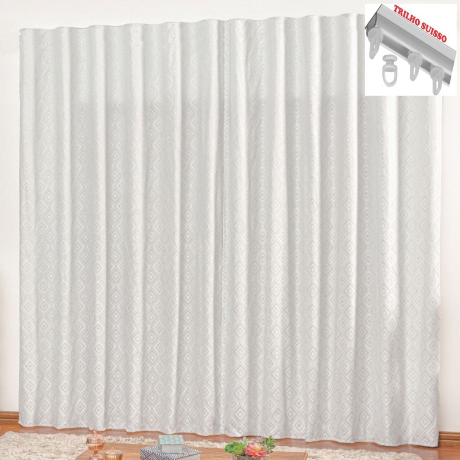 Cortina em Jacquard Degradê 3,00 x 2,70 Para Trilho Suisso - Branca - 100% Poliéster