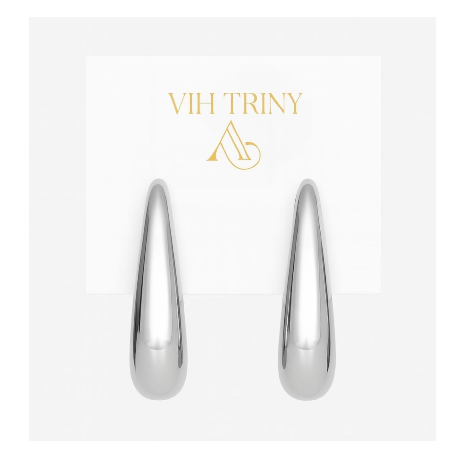 Vista 2 Brinco Gota Longa Metal Prateado Polido Vih Triny prata Vih Triny prata