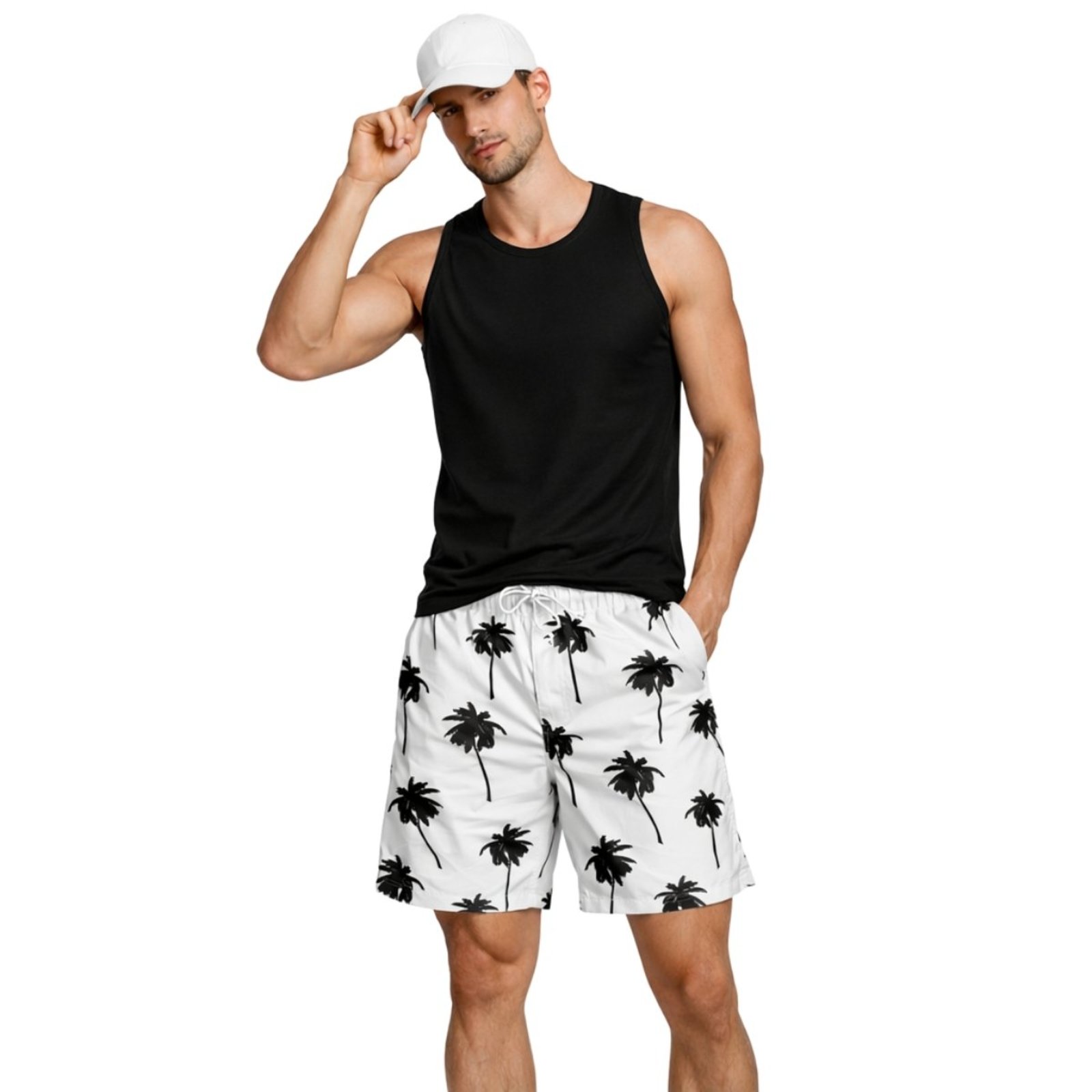 Conjunto Masculino Camiseta 100% Algodão, Boné e Short Tactel Estampando