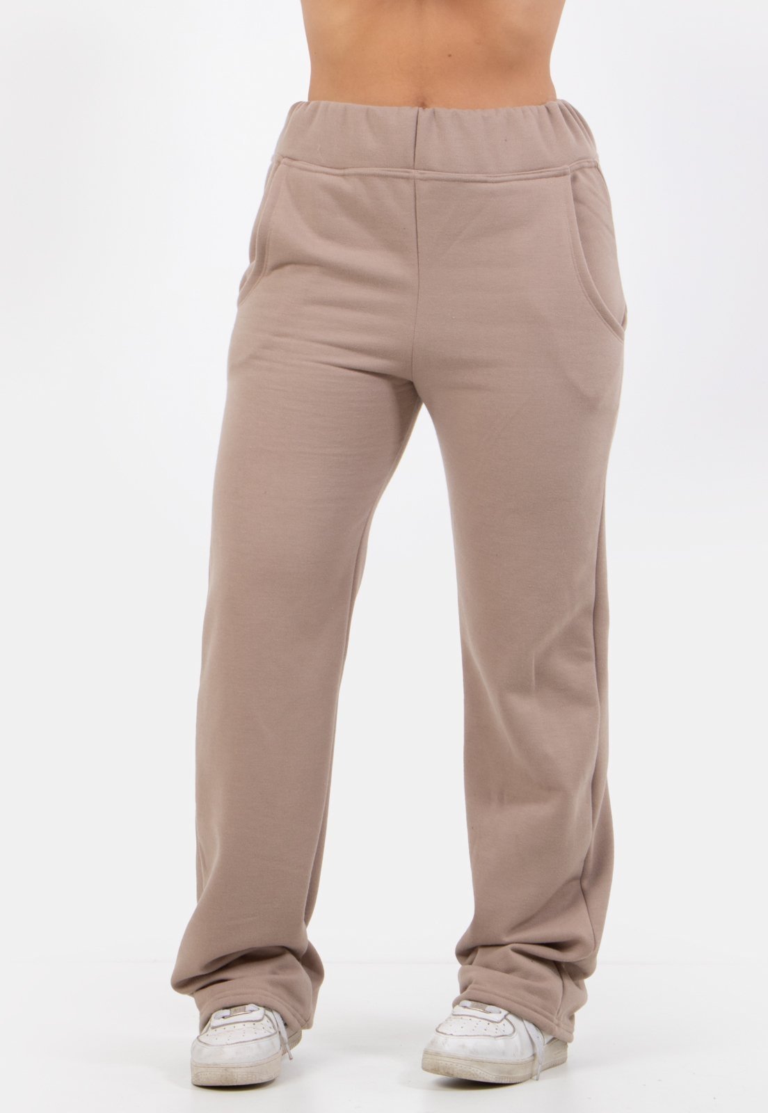 Calça Pantalona Moletom 4 Estações Feminina Cós Alto Inverno Casual Bege