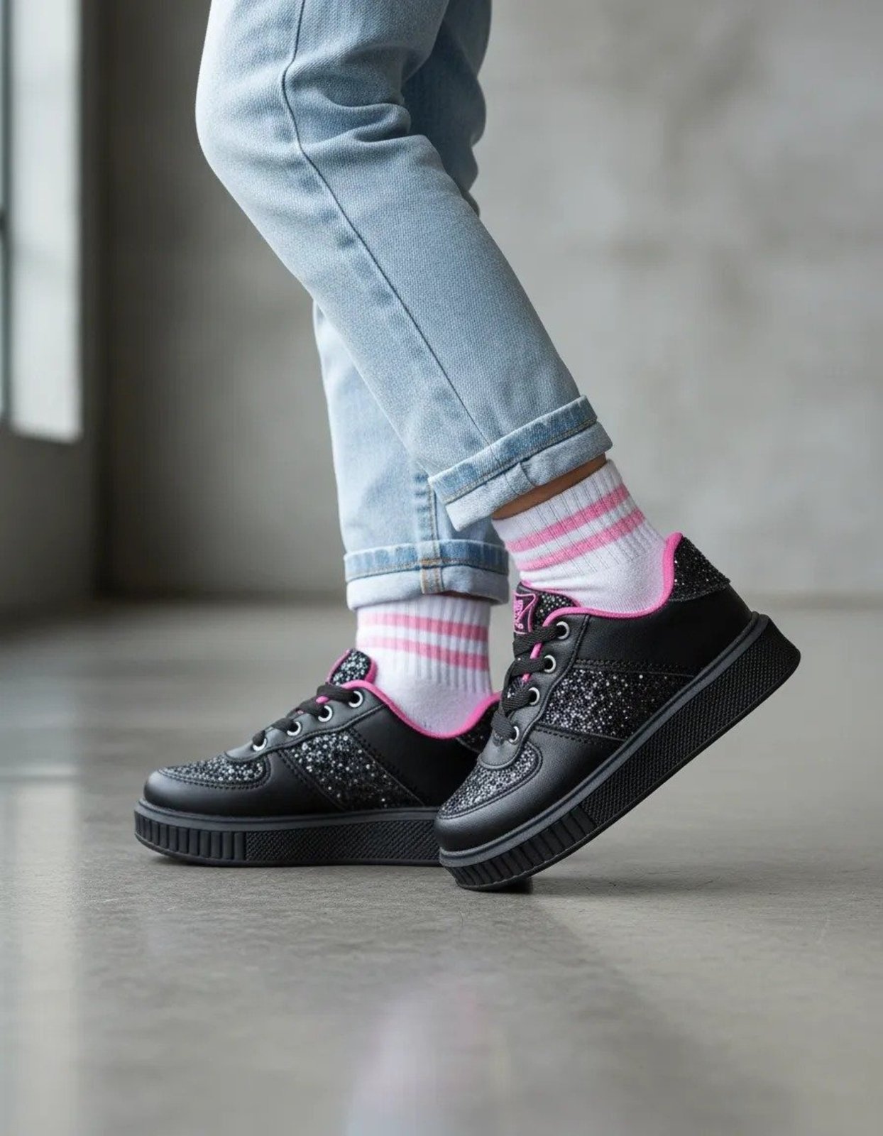 Infantil - Tênis Menina Casual Juliette Footz Escolar Urban Confortável e Leve Volta as Aulas Escolar Glitter Preto