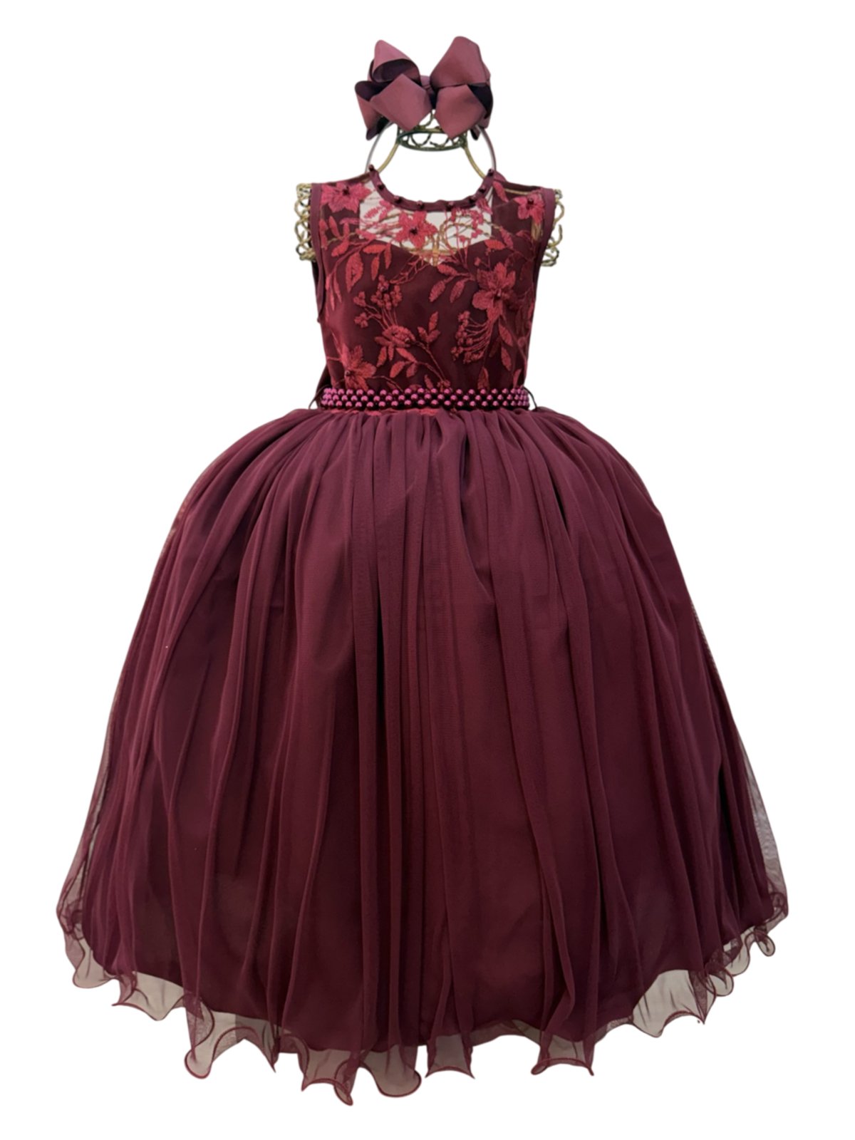 Infantil - Vestido Longo Renda Social Marsala Bordô Vinho Formatura Luxo Festa Casamento Pérolas Laço Dama Daminha Menina Juvenil Juvenil Princesa Rodado Florista Aniversário