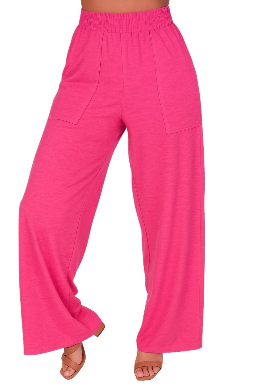 Calça Feminina Wide Leg Pantalona Cintura Alta com Bolso de Moletinho Inverno Pink