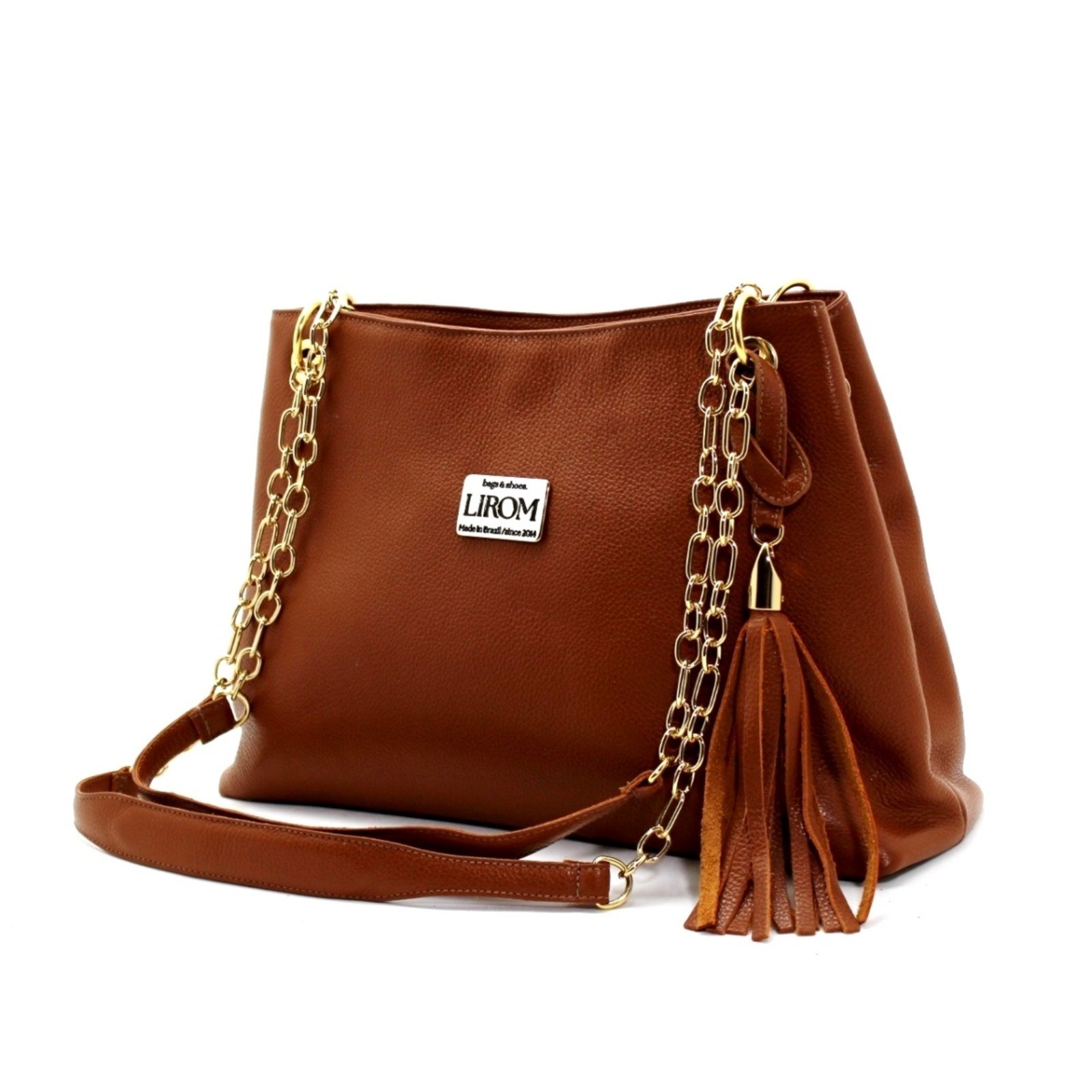 Bolsas Femininas De Couro Lirom Alça Corrente Dourada Social Luxuosa Caramelo