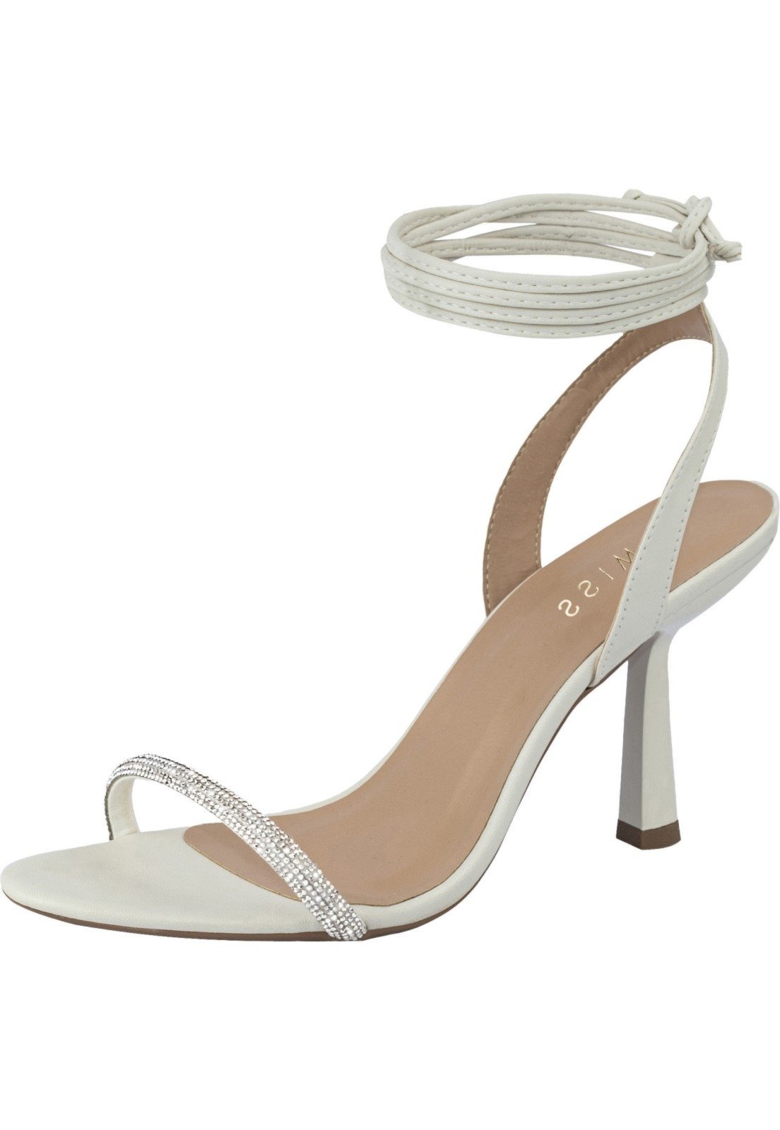 Sandália Feminina Salto Fino Strass Lumiss Amarração Brilho Confortável Off White