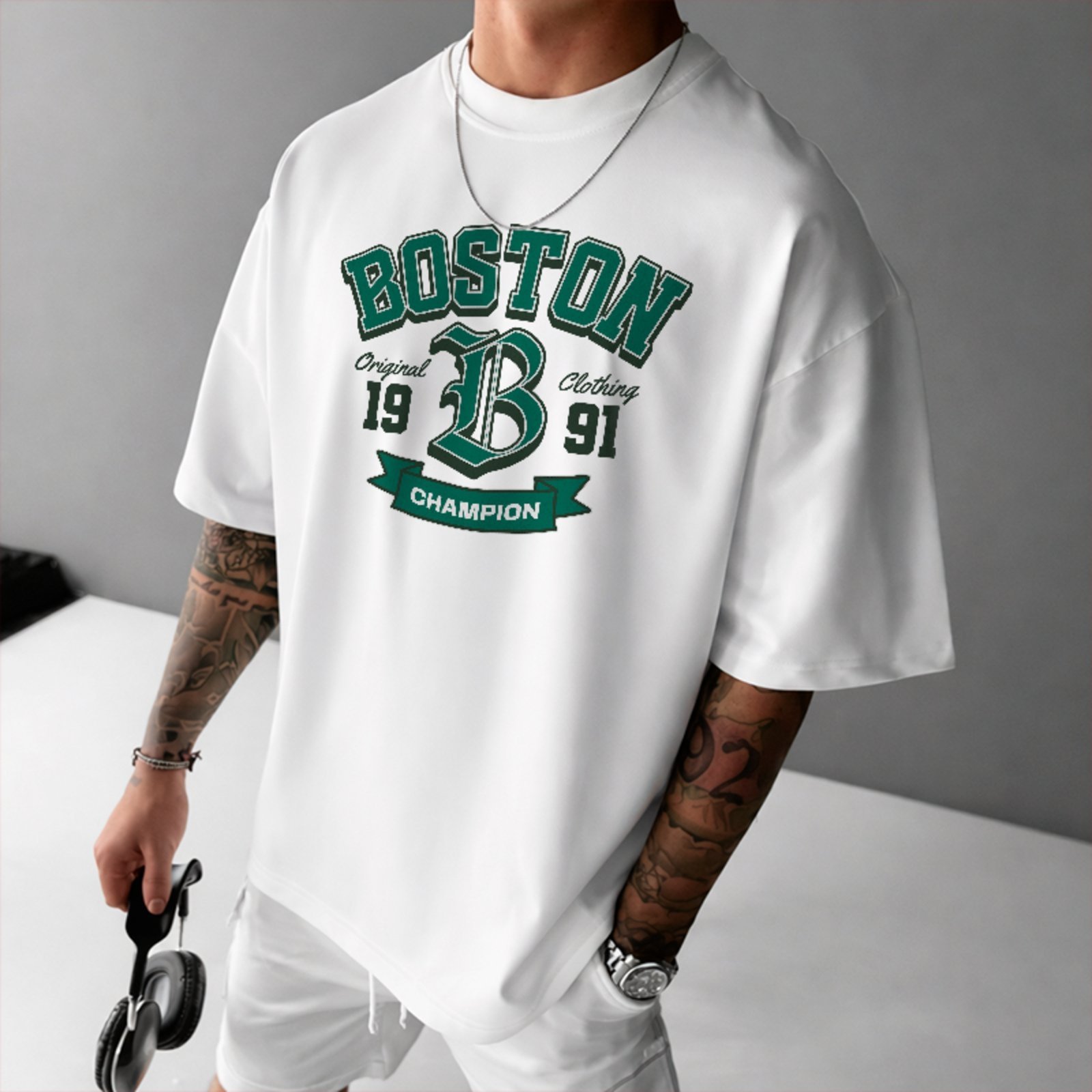Camiseta Oversized Premium Boston 1991 Varsity College Street Unissex Branco