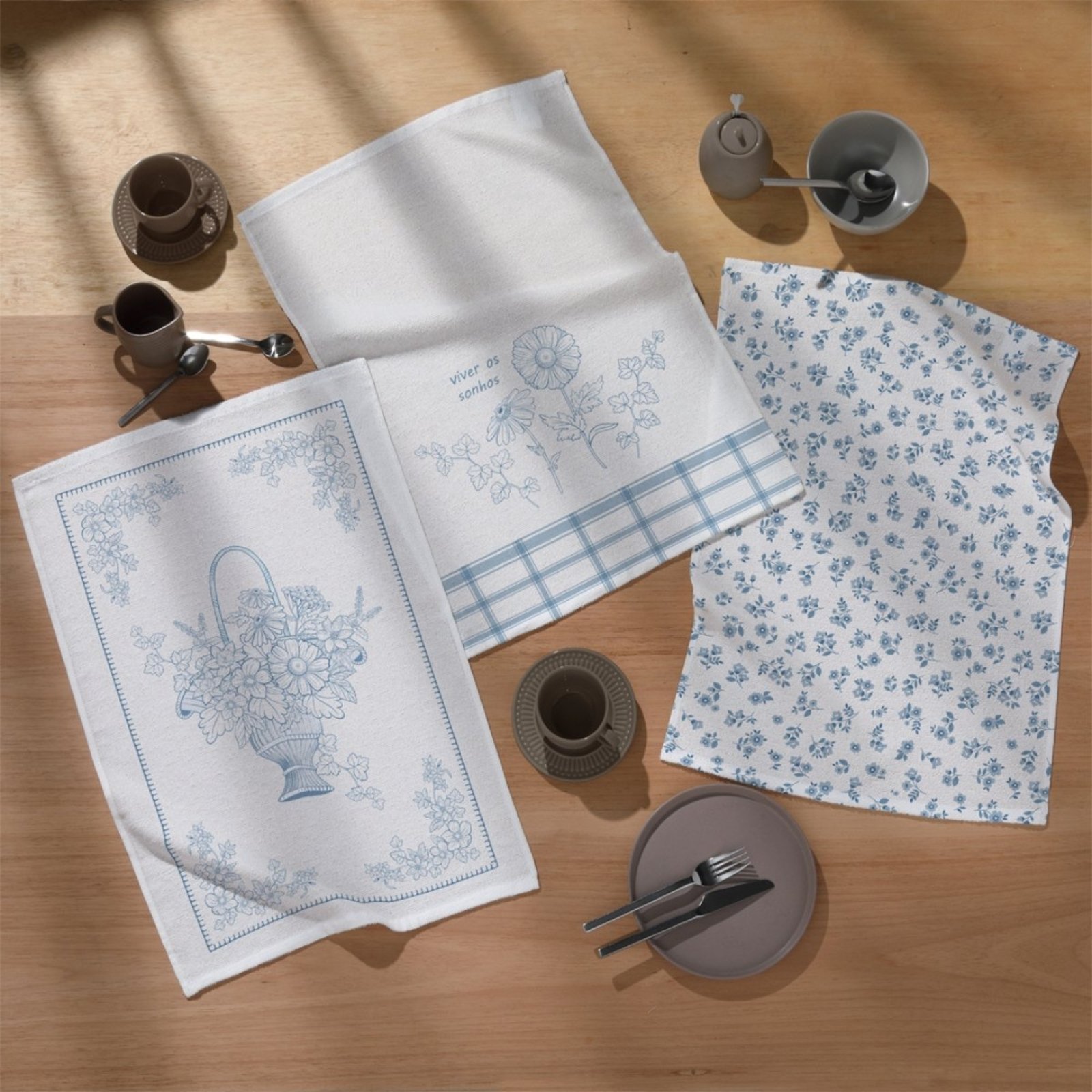 Kit 6 Pano Copa Dohler Atoalhado Algodão Floral Sereno Azul