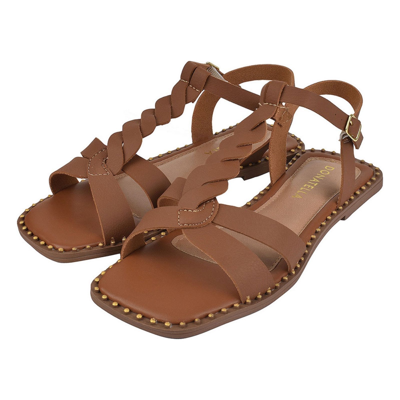 Sandália Rasteira Feminina Bico Quadrado Donatella Shoes Rasteirinha Rebite Trança Napa Caramelo