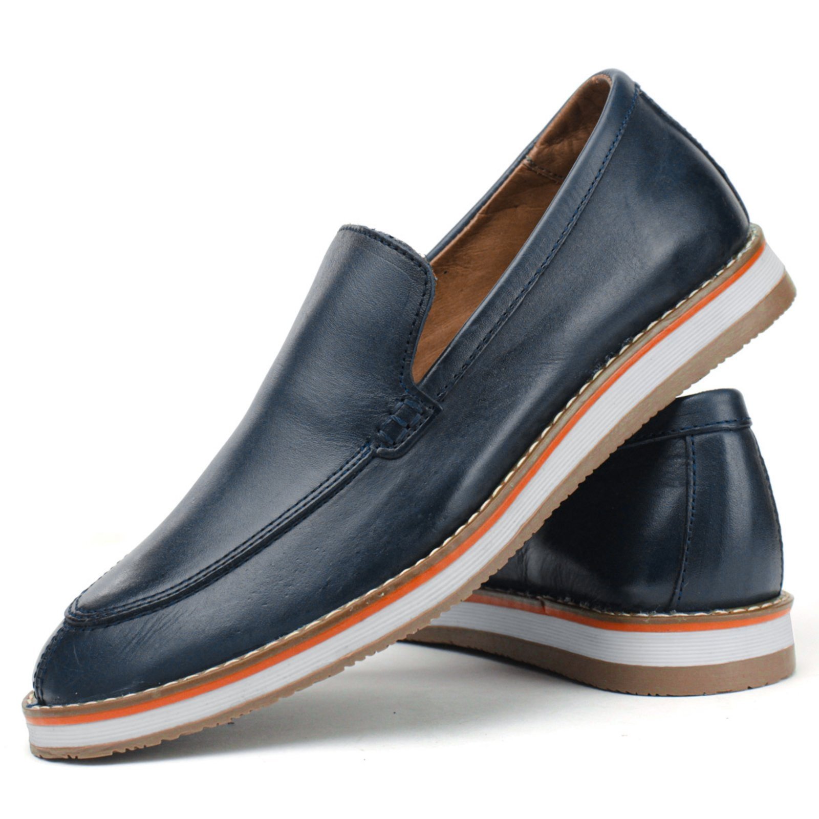 Sapato Casual Loafer Couro Masculino Calce Fácil Forro Couro Leve Elegante Sofisticado Marinho