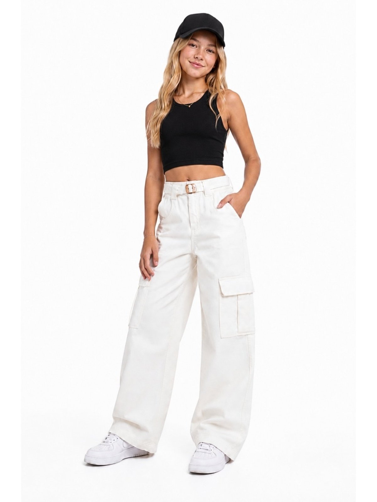 Infantil - Calça Crawling Sarja Pantalona Cargo Juvenil Feminina Branca c/ Cinto