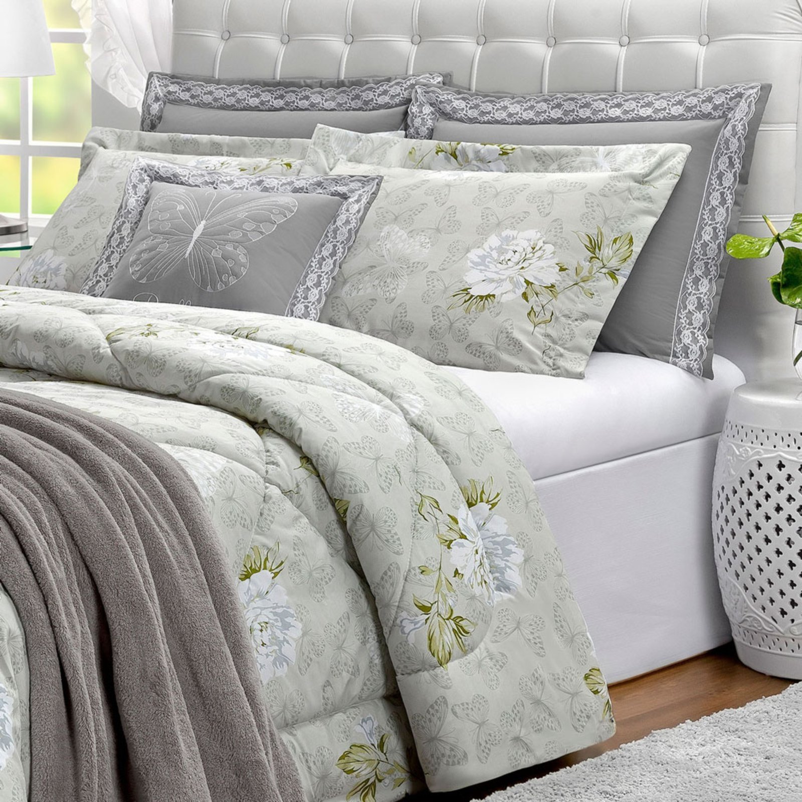 Kit Edredom Casa Scarpa Papillons Queen 180 Fios + Lençol 11 Peças - Cinza Floral
