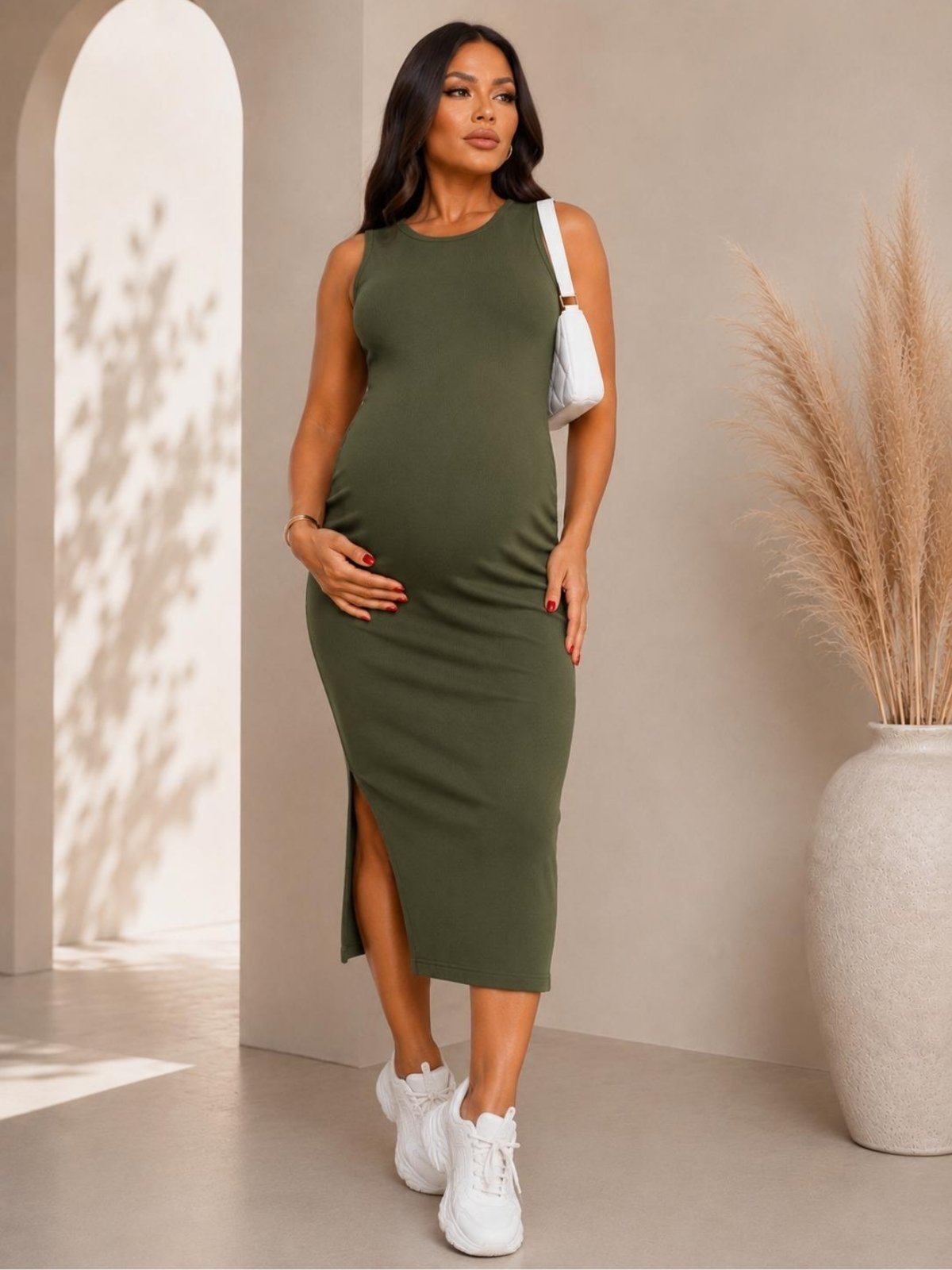 Vestido Casual Materno Gestante Gravidez Verde Militar de Ribana de Algodão Alta Elasticidade Confortavel e Fenda Lateral Sem Manga