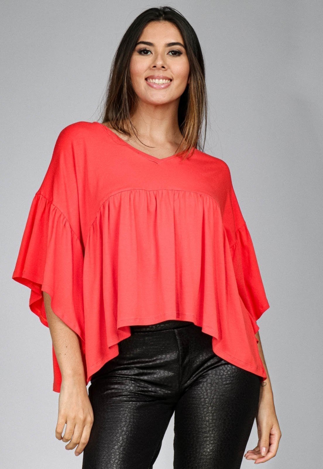 Blusa Bata Amazonia Vital Babado Malha Laranja