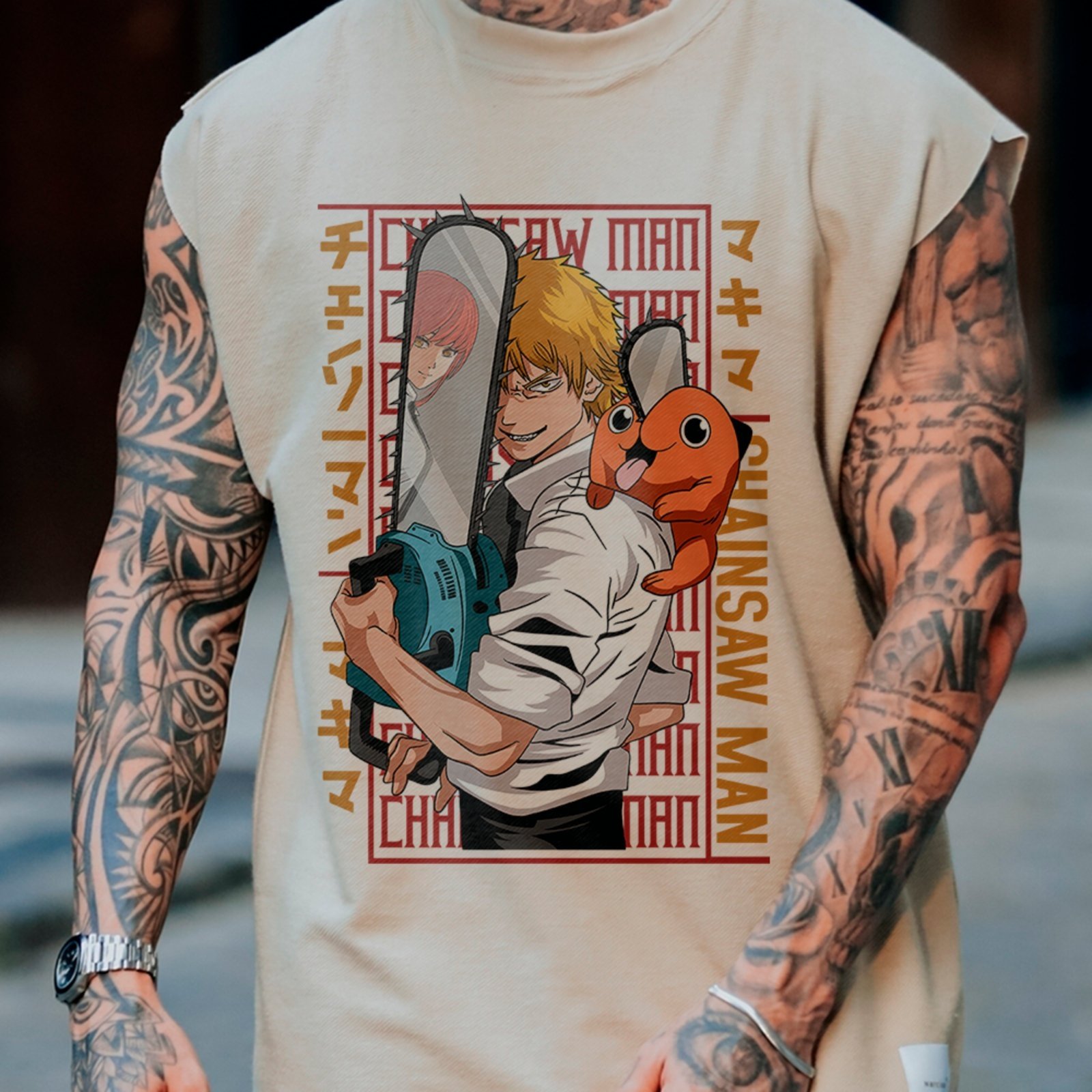 Camiseta Regata Machão Denji Com Pochita Visual Insano Chainsaw Man Off White